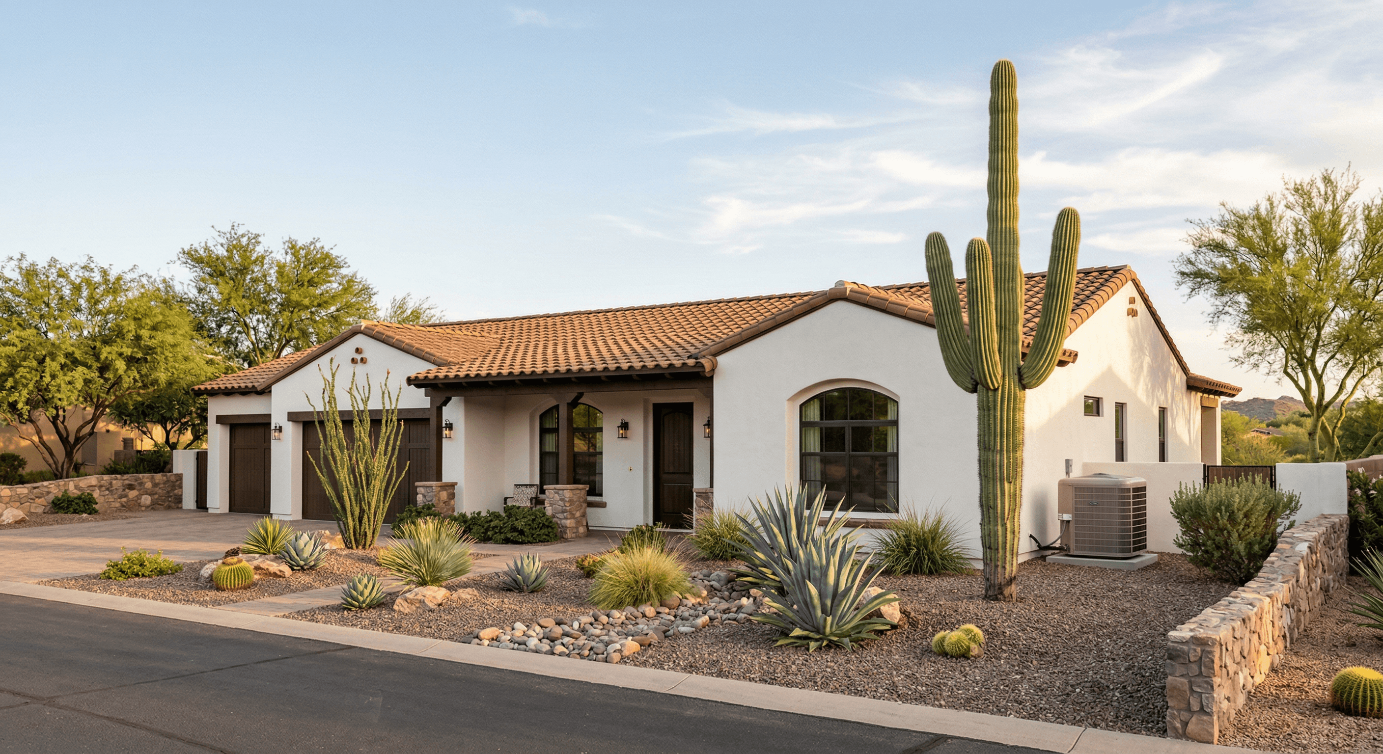 Arizona home with AC unit at golden hour