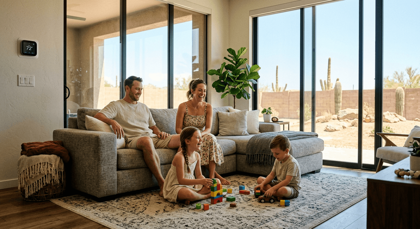 Family relaxing comfortably in a cool home