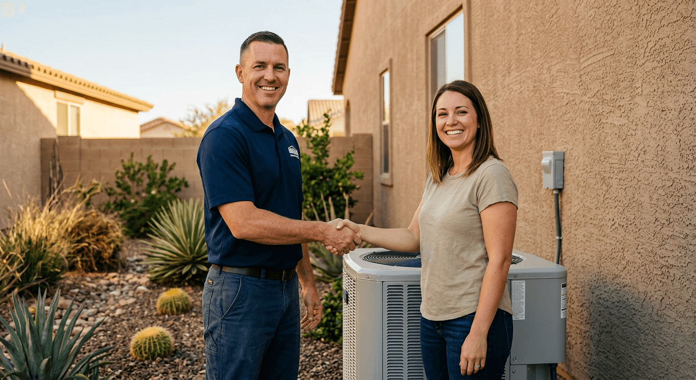 Contractor and homeowner shaking hands after successful AC installation