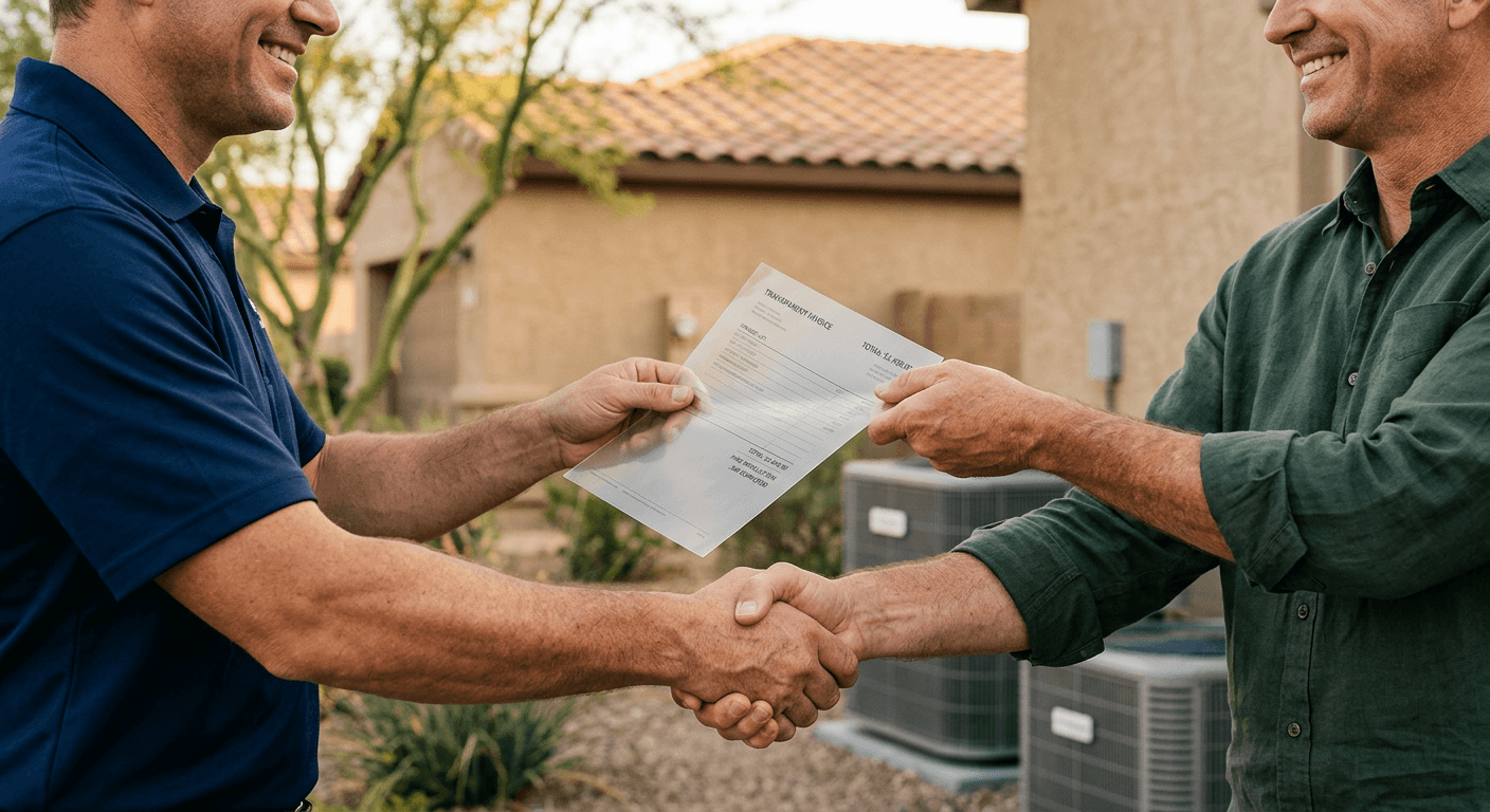 Handshake with transparent invoice representing price guarantee