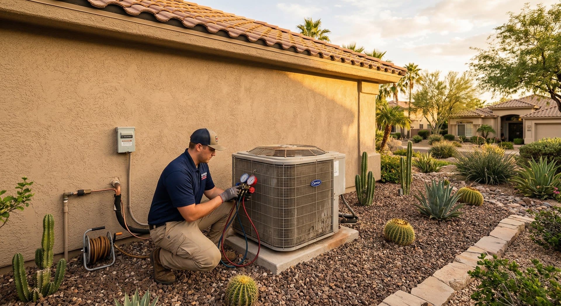 Homeowner and HVAC technician assessing AC unit in Arizona