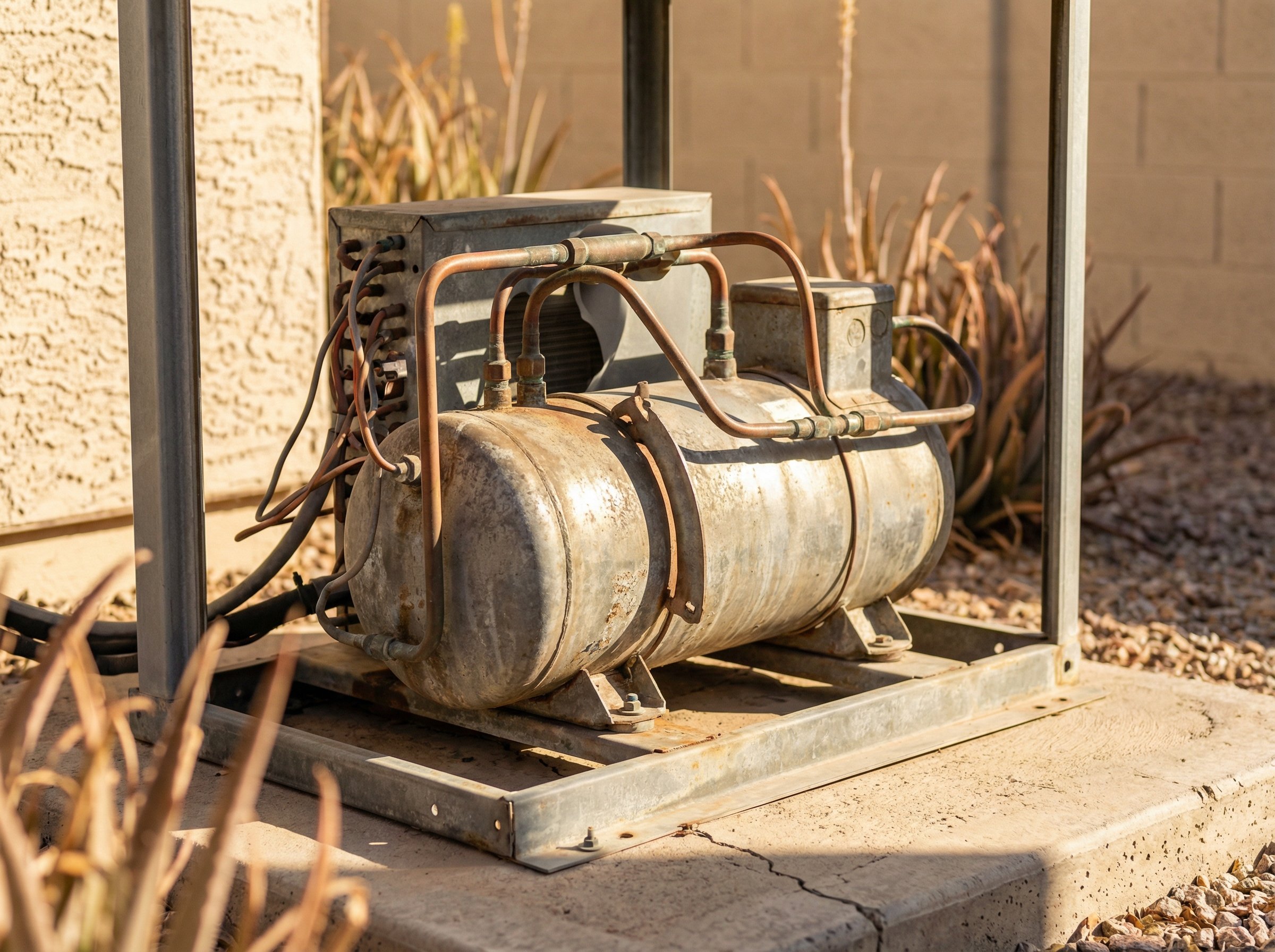 Worn compressor unit showing signs of age and heat stress