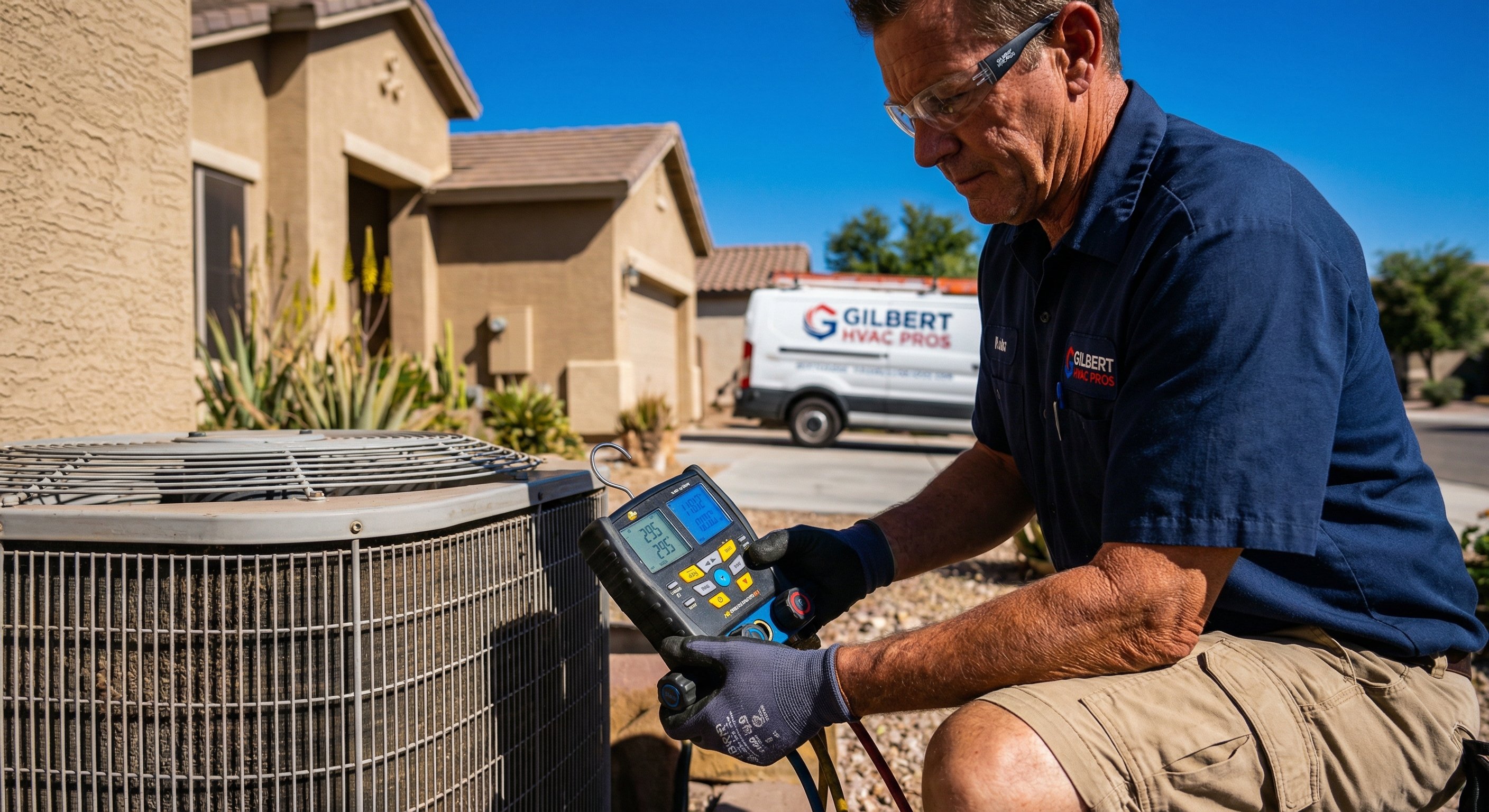 HVAC technician diagnosing compressor pressure with gauges