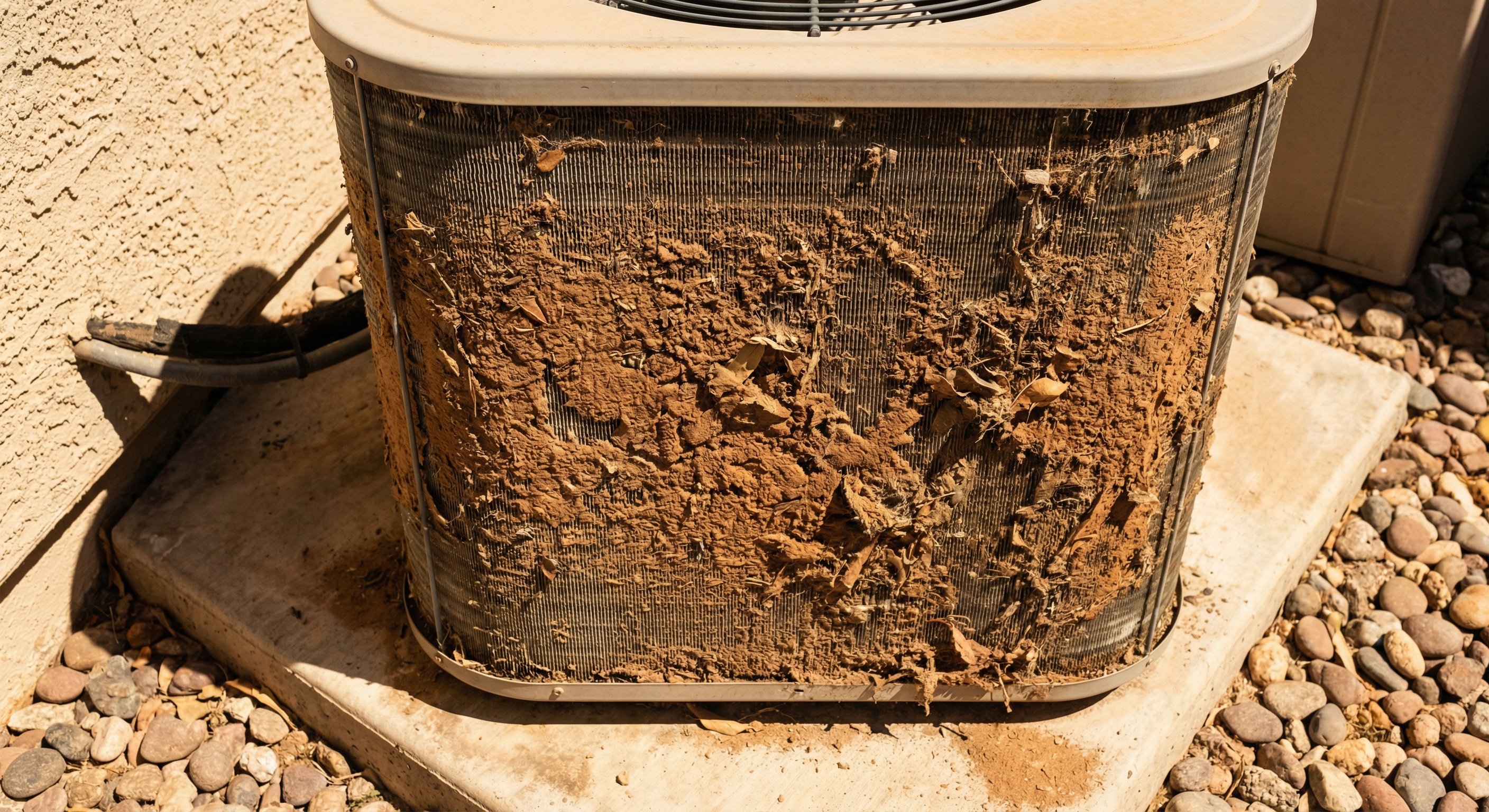 Dirty condenser coil clogged with desert dust and debris