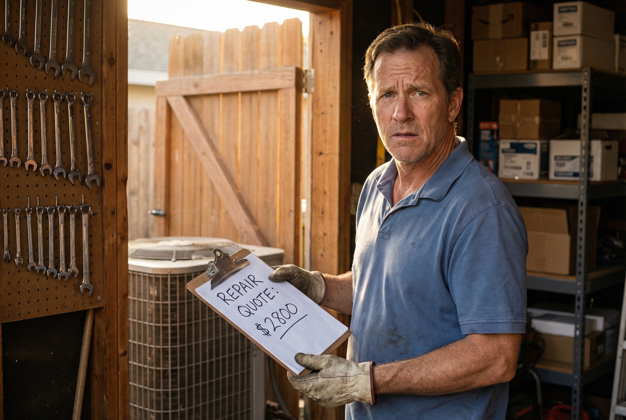 Homeowner reviewing an AC repair quote with confusion