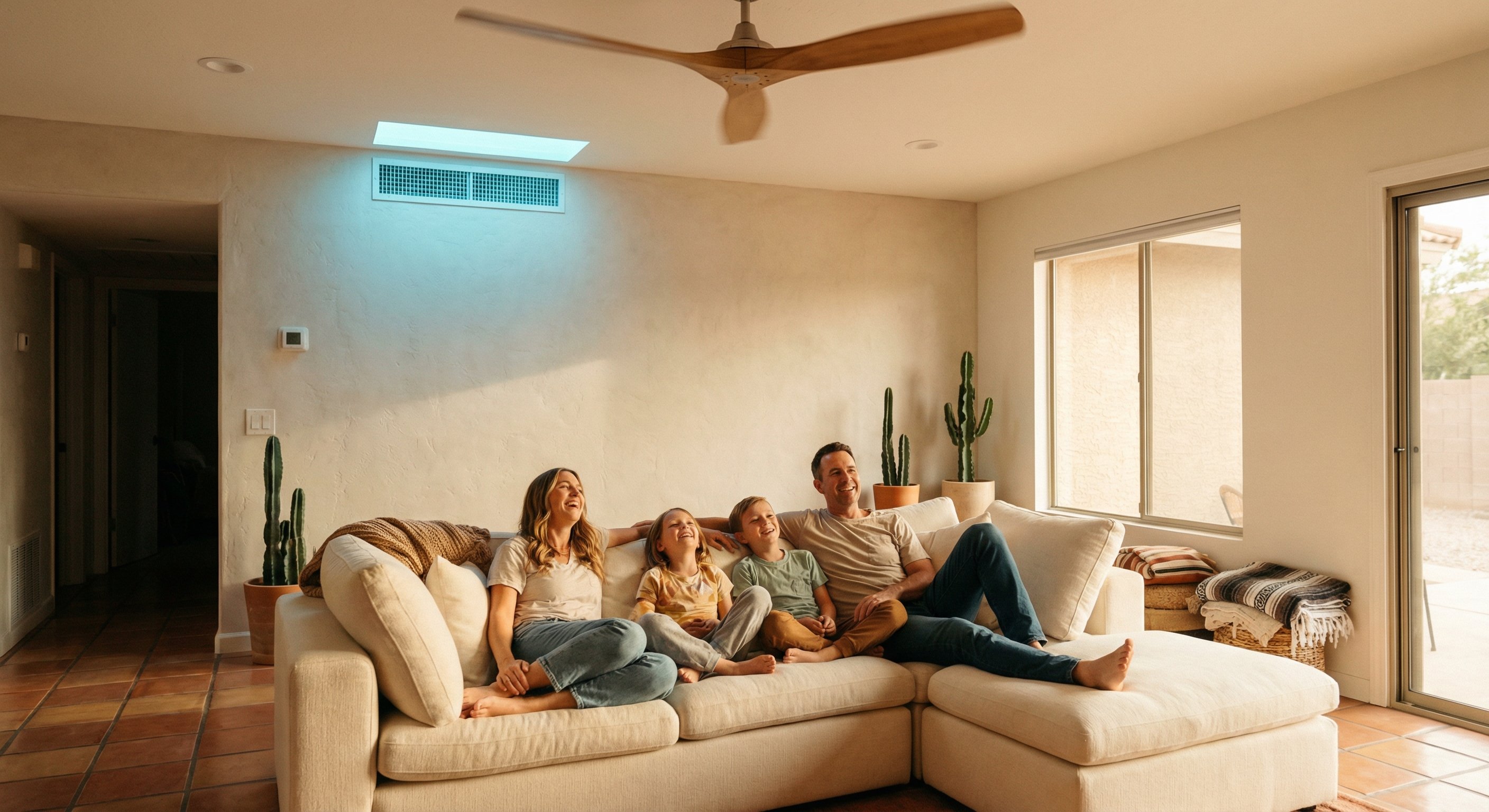 Family of four sitting together on a sofa in a cool modern Phoenix living room, visibly relieved and comfortable with the ceiling fan spinning overhead
