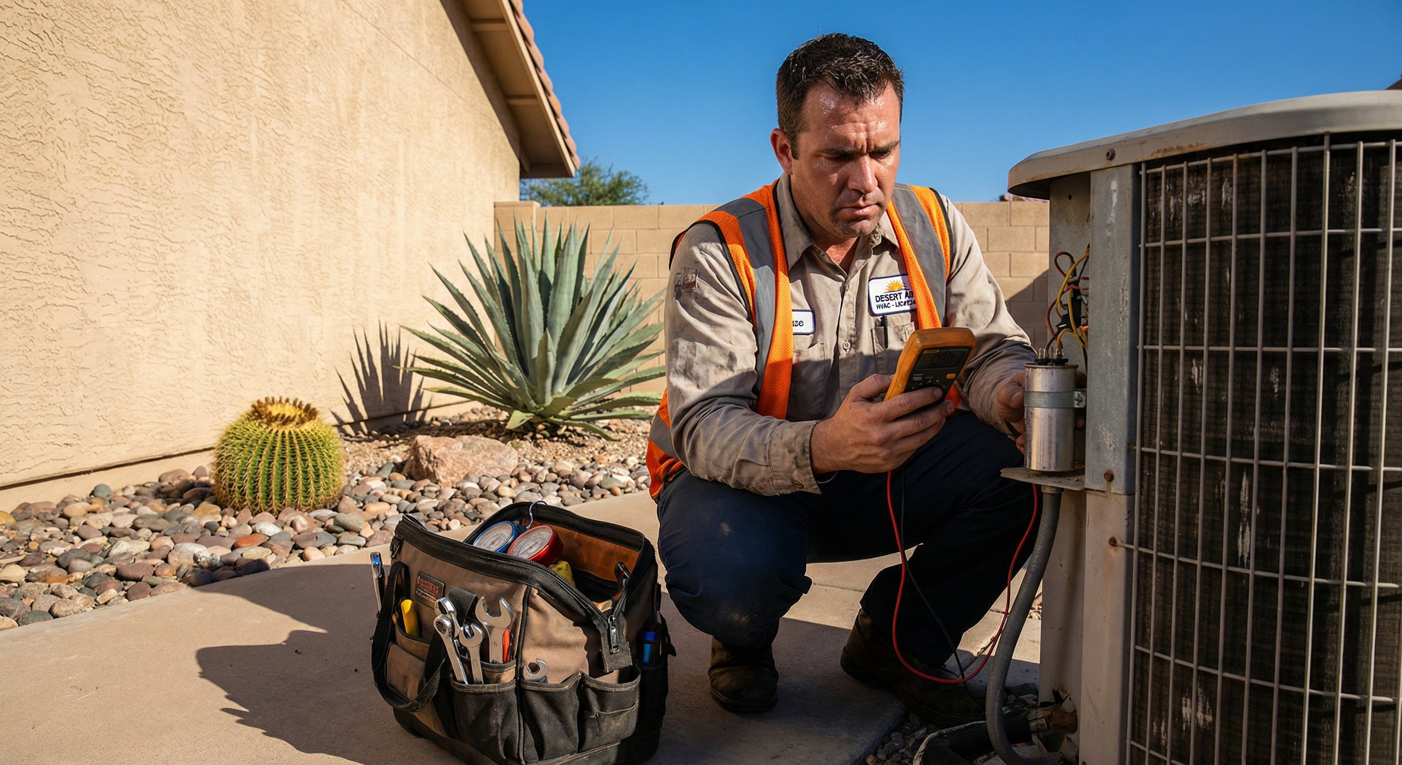 Licensed HVAC technician in safety vest crouching beside an outdoor AC condenser unit checking the capacitor with a multimeter, stucco wall and desert landscaping in the background