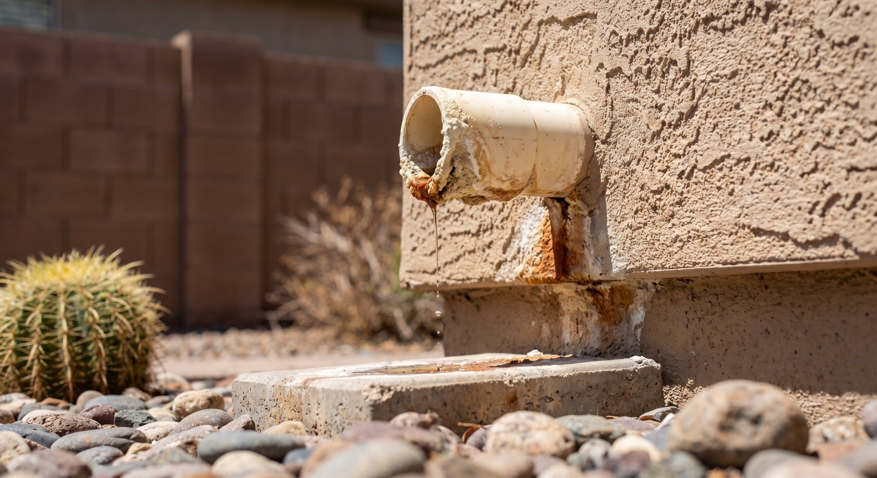White PVC AC condensate drain line with mineral scale buildup on a Phoenix stucco home exterior