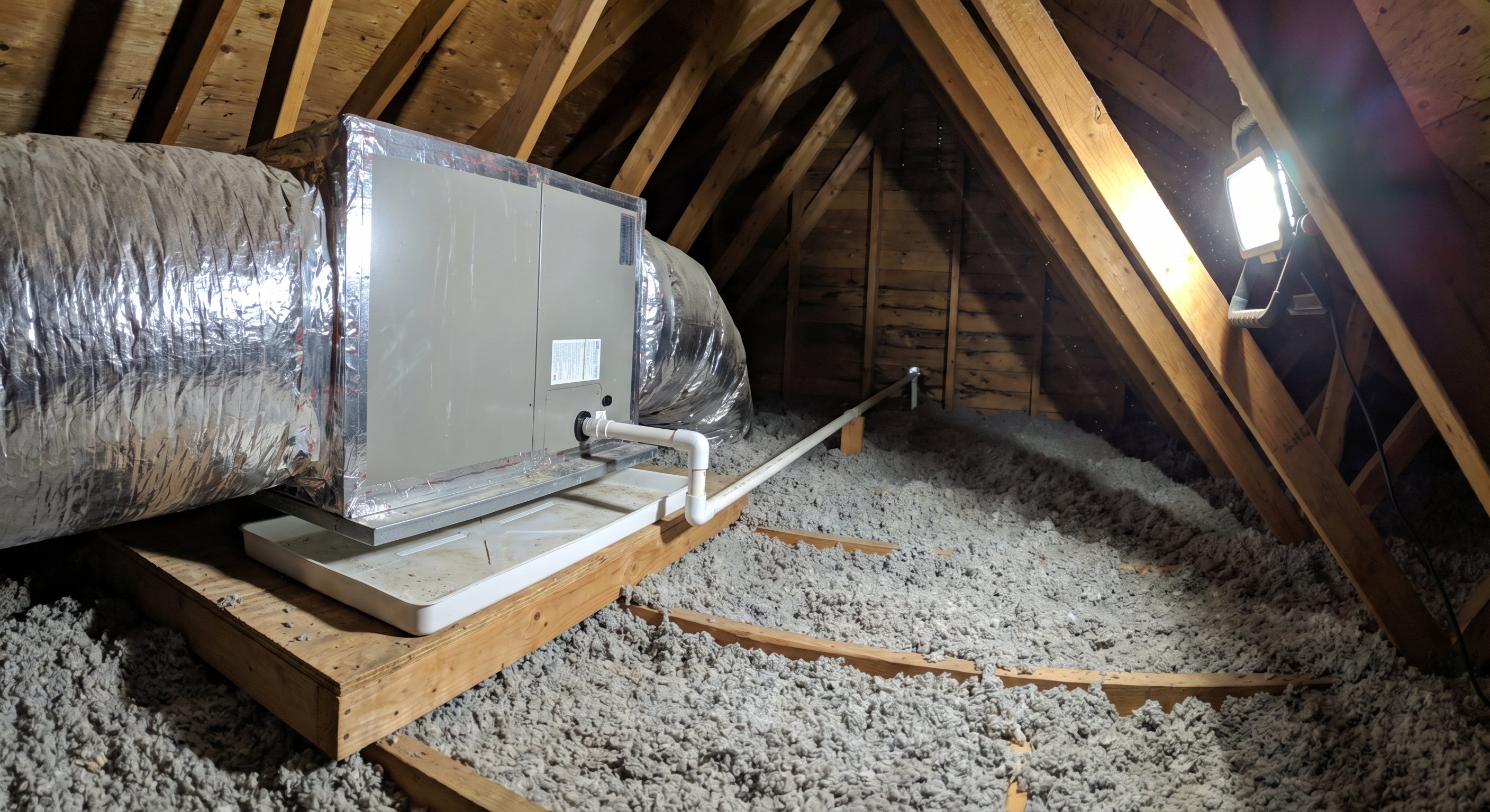 AC air handler unit in an attic with visible condensate drain pan and PVC drain line