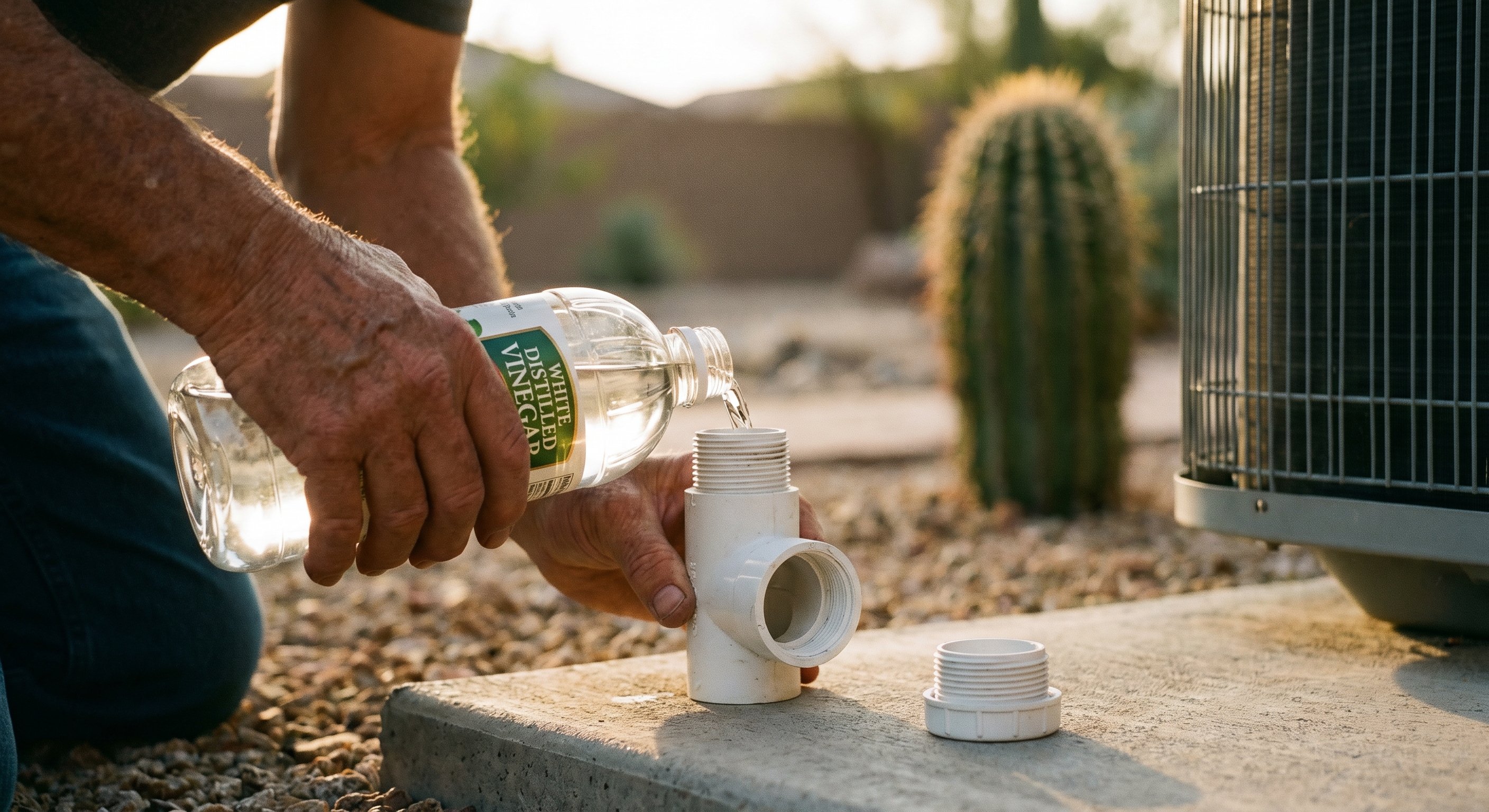 Pouring white distilled vinegar into a PVC AC drain line access T-fitting for maintenance