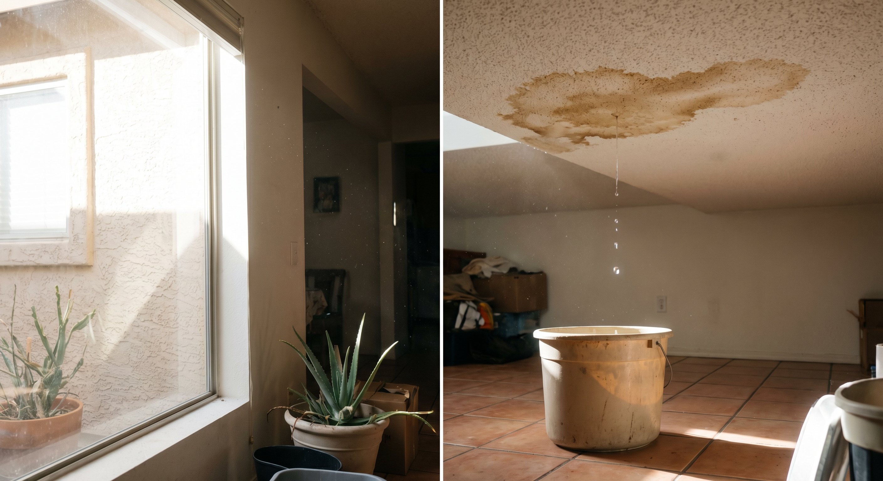 Brown water stain damage on a ceiling from a clogged AC drain line overflow