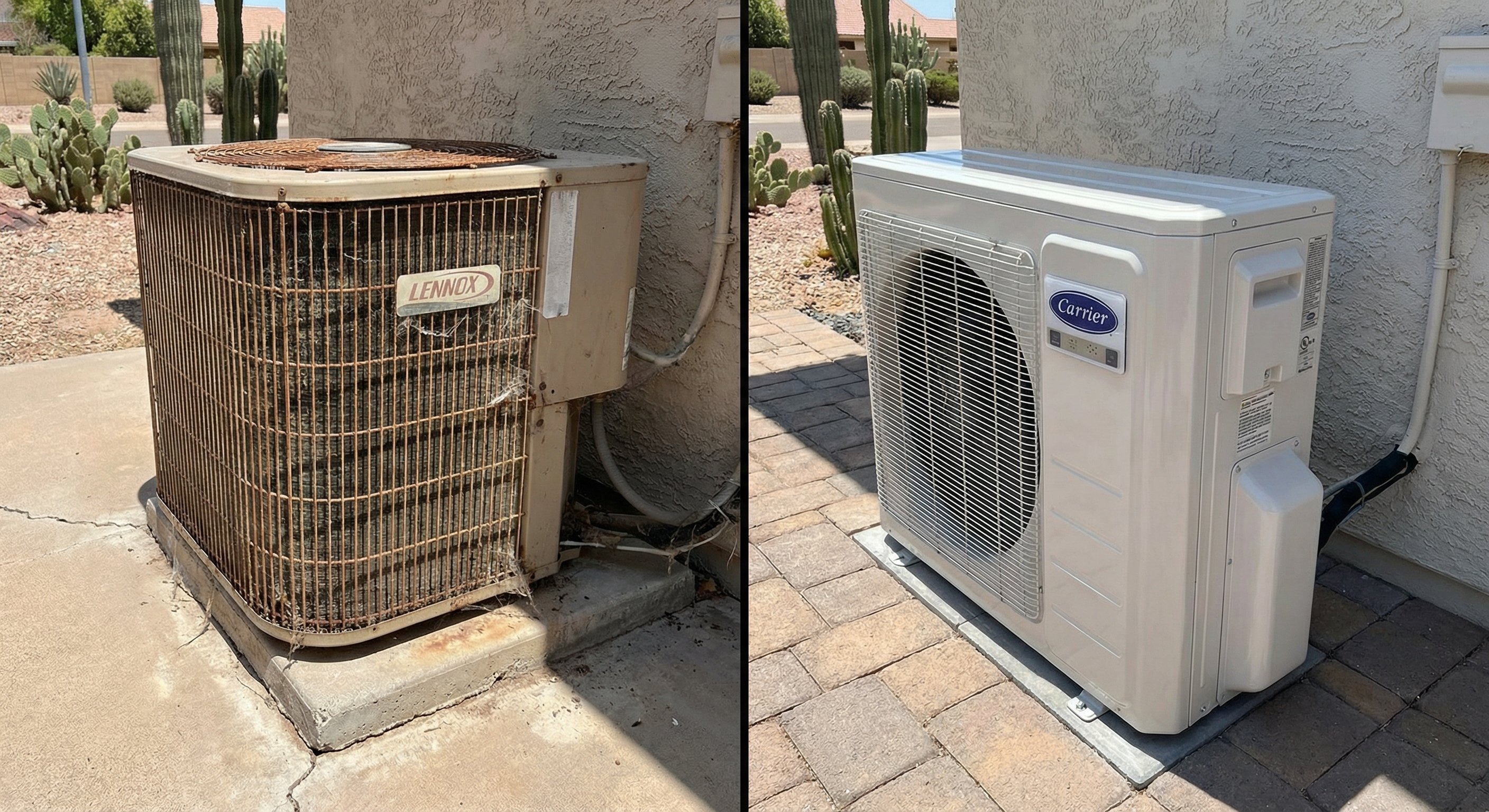 Split comparison photograph showing an older rusted AC outdoor unit next to a newer clean white unit