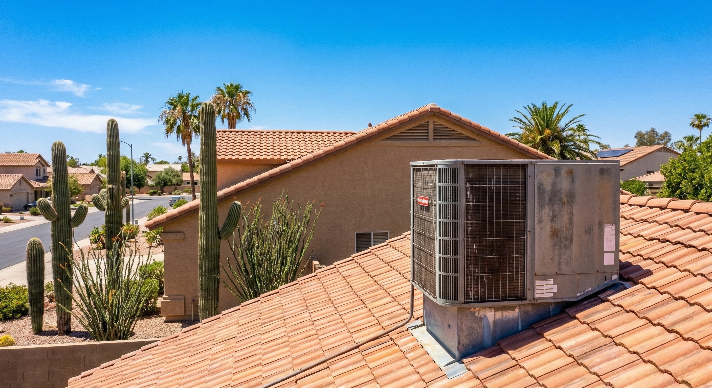 Rooftop AC condensing unit on a Phoenix stucco home with blue sky and desert palm trees