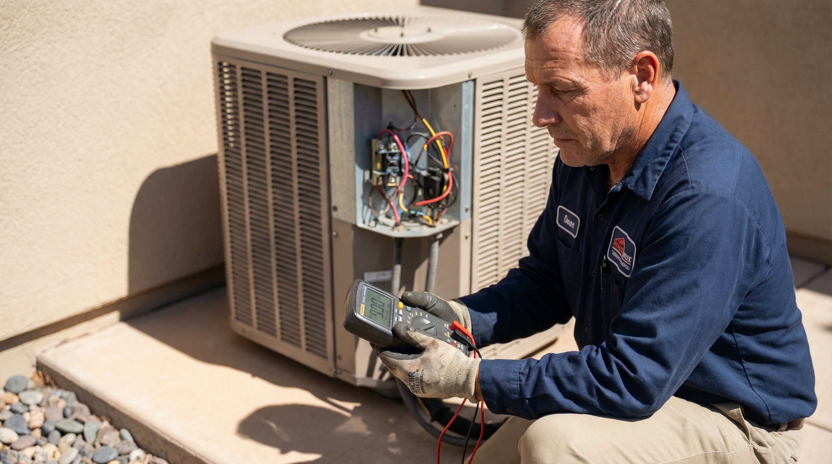 HVAC technician testing electrical connections on a Phoenix AC condenser unit