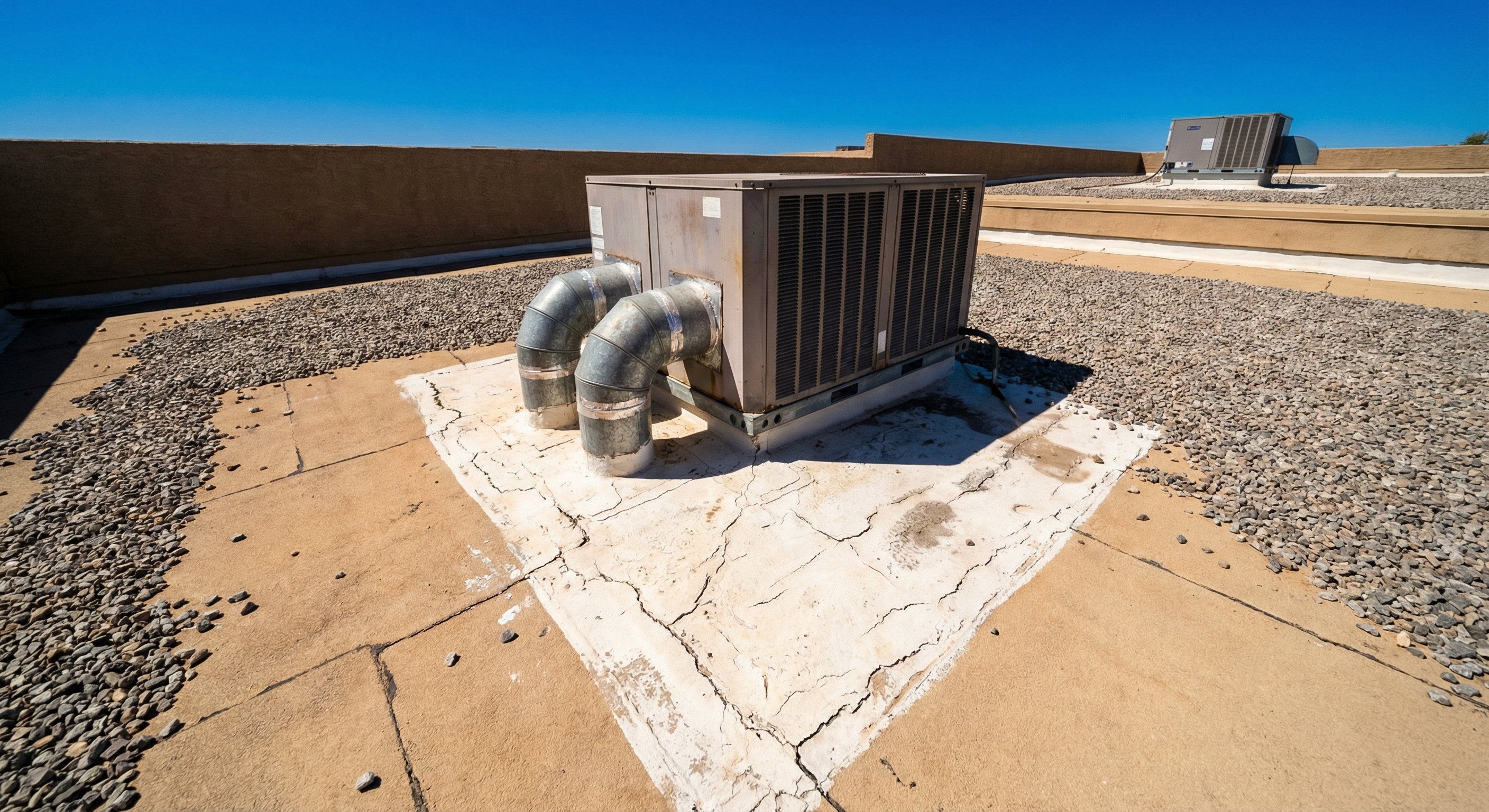 Rooftop HVAC package unit on a Phoenix flat roof showing sun-weathered surface