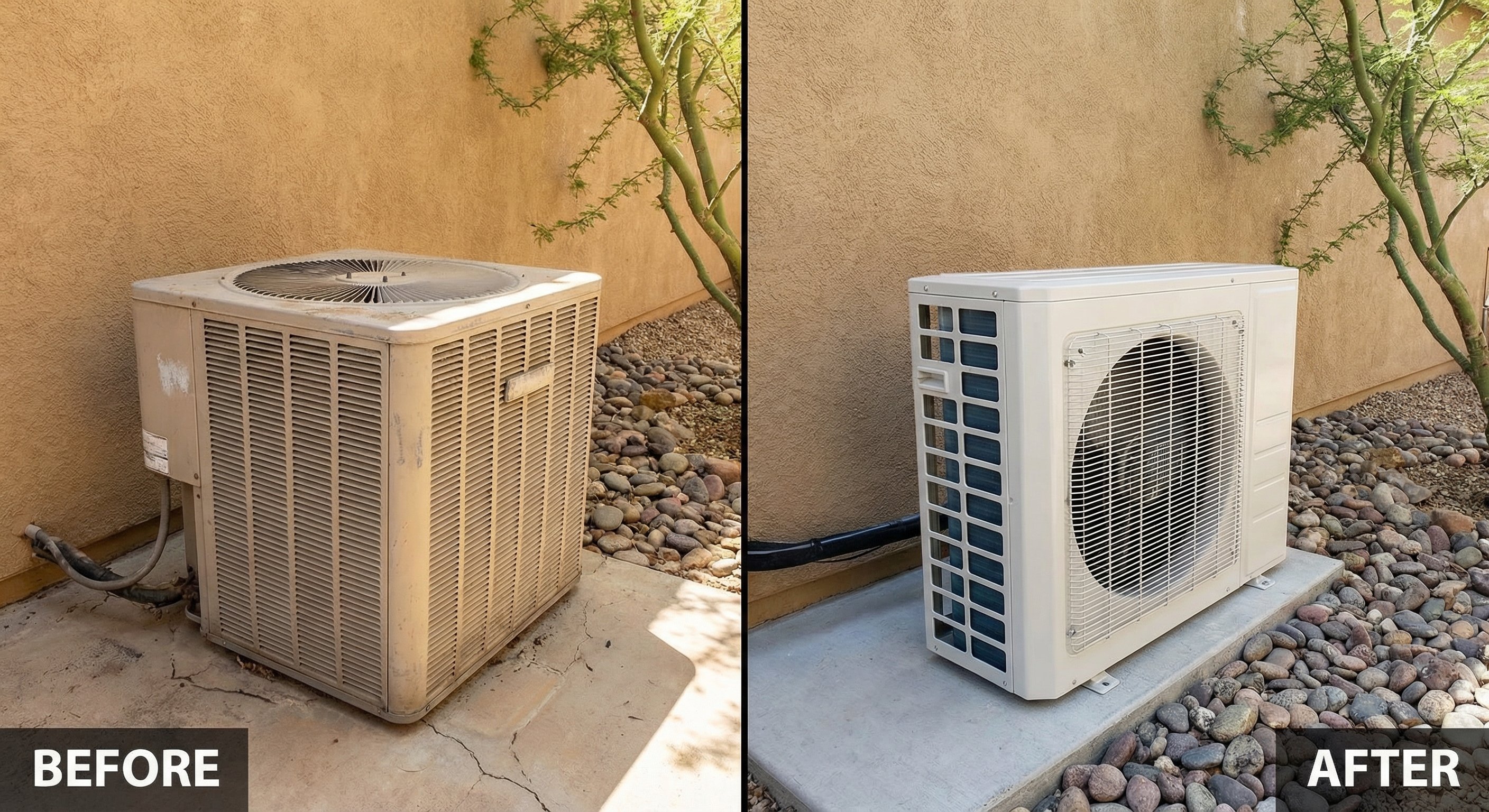 Before and after comparison of old worn AC unit versus new installed condenser at Arizona home