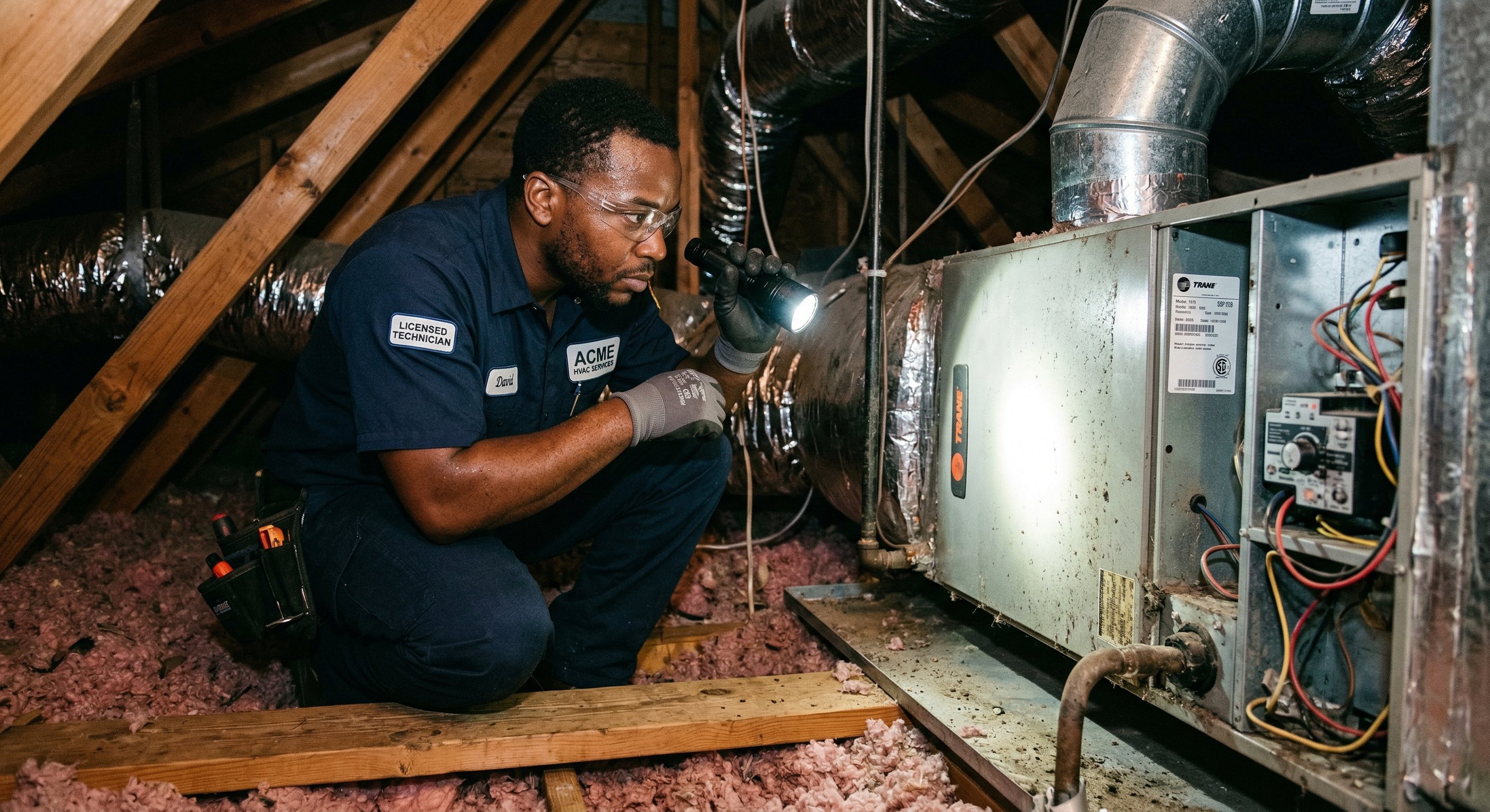 HVAC technician in uniform inspecting indoor air handler unit in Arizona home attic, flashlight, visible ductwork, documentary style