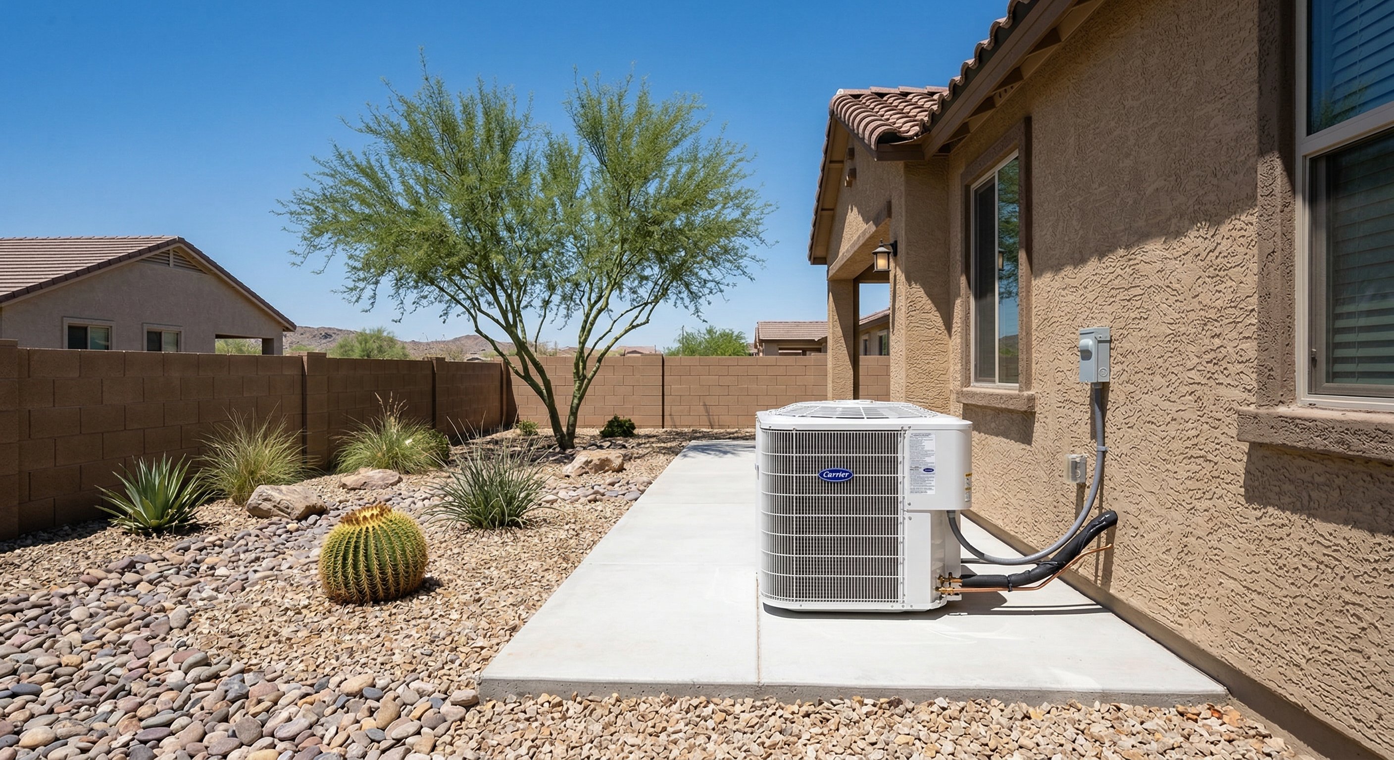 New AC condenser unit installed on a concrete pad next to a tan stucco home in Avondale Arizona with desert landscaping and blue sky