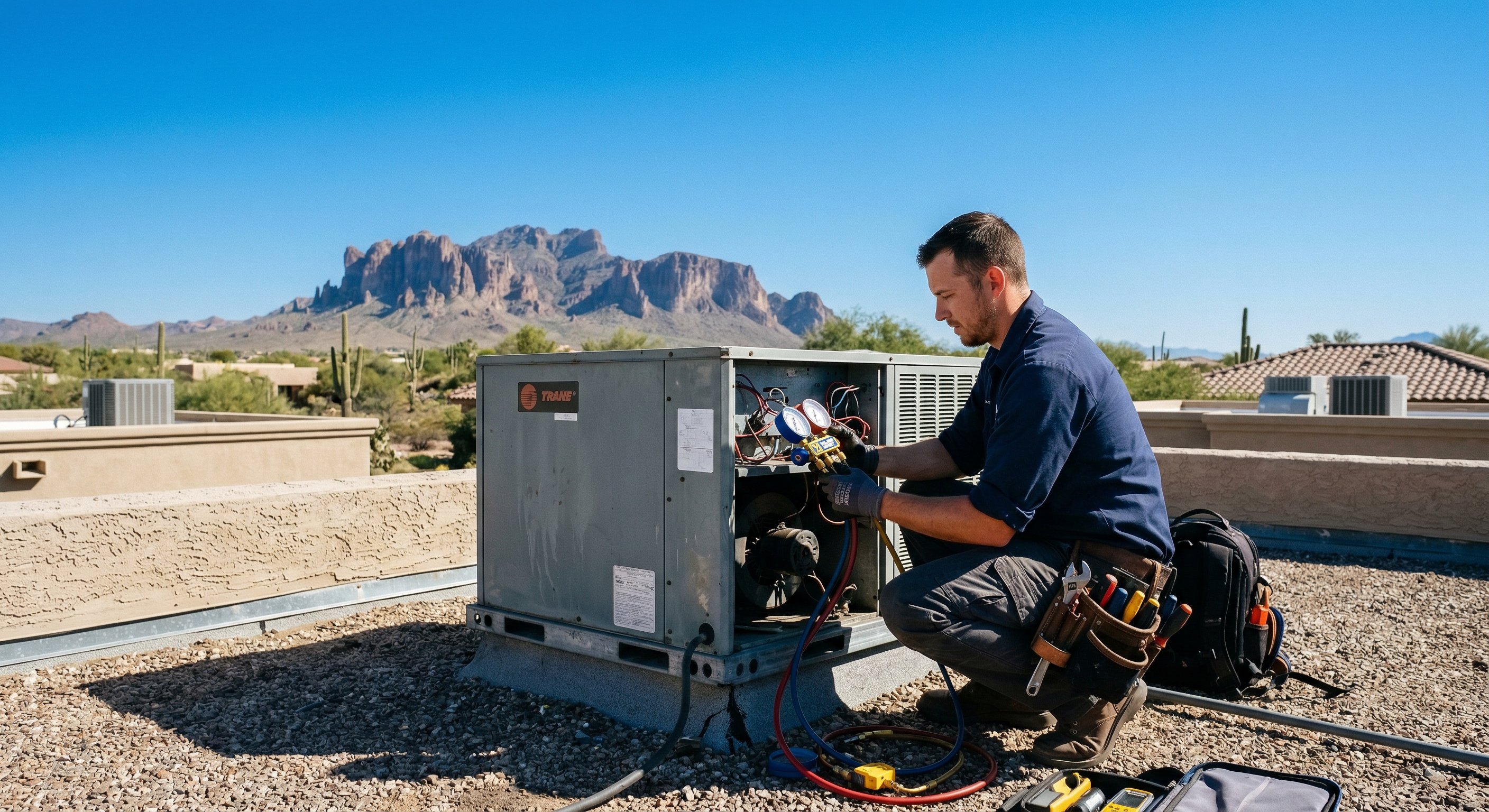 HVAC technician working on a rooftop package unit on a flat-roof Arizona home with desert mountains visible in the background