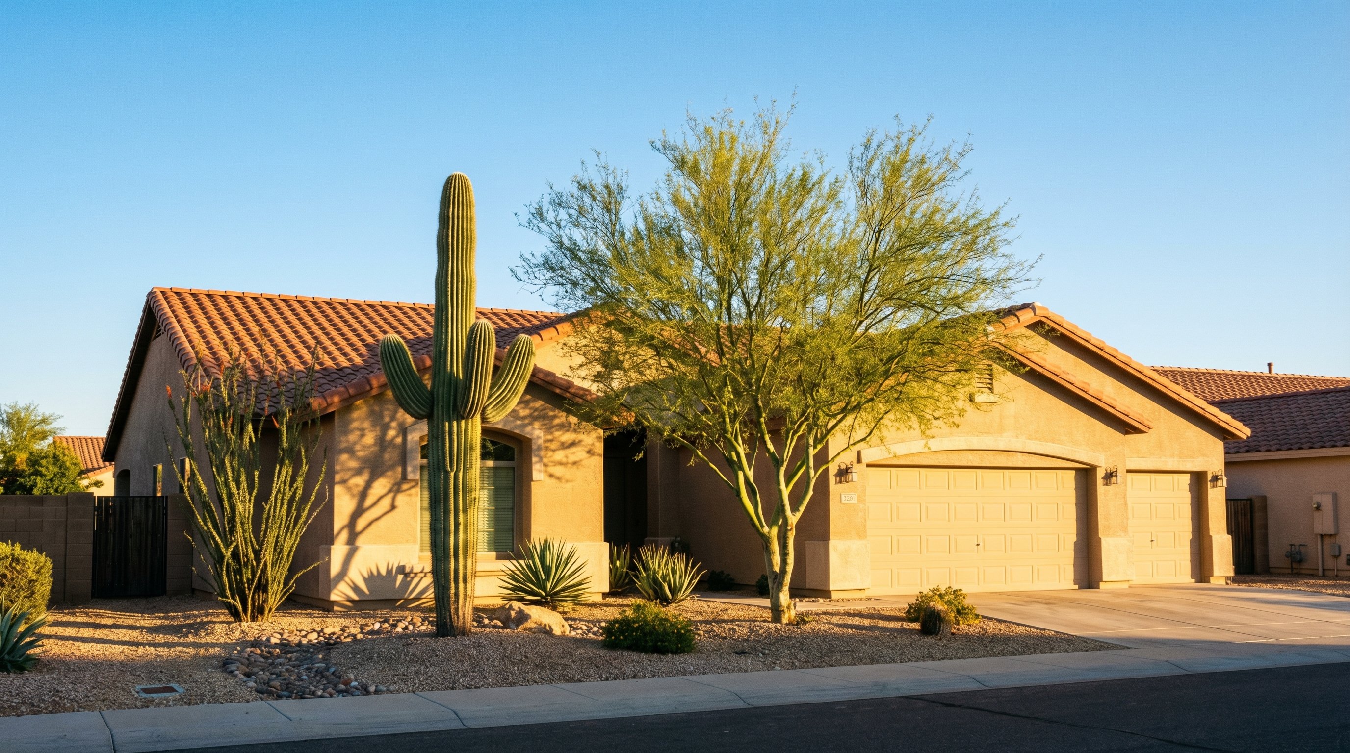 A southwestern home in Casa Grande AZ with desert landscaping at golden hour