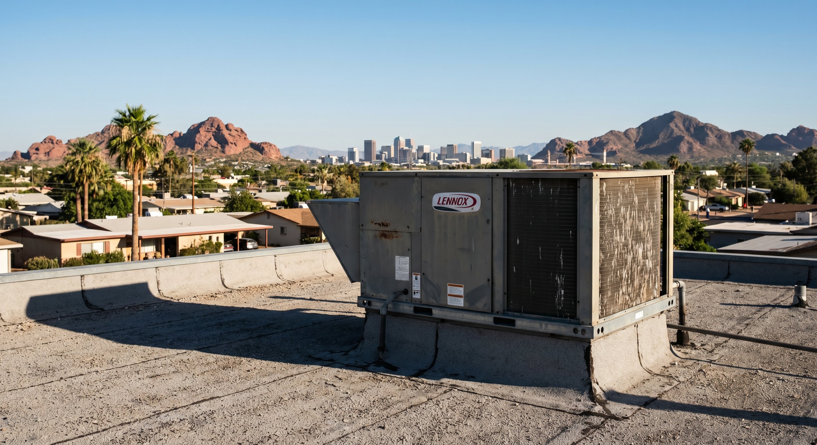 Rooftop AC package unit on an Arizona home in the Phoenix metro area, showing typical residential HVAC equipment
