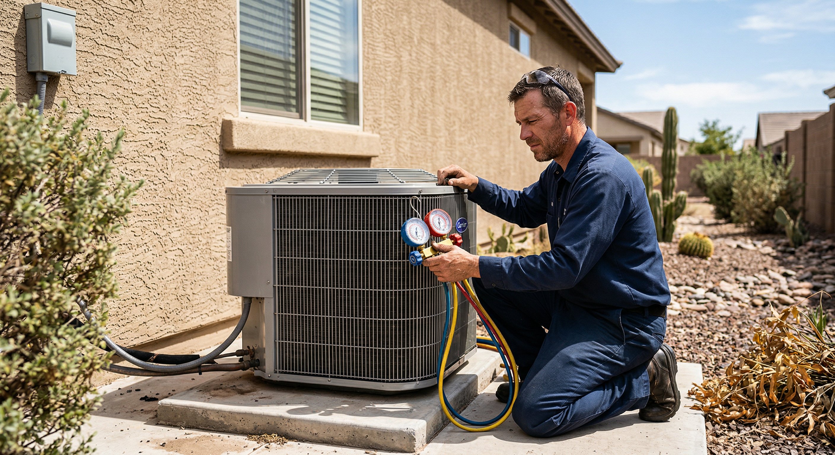Licensed HVAC technician inspecting an air conditioning condenser unit on a concrete pad beside a tan stucco home in Chandler, Arizona, professional uniform, desert afternoon light