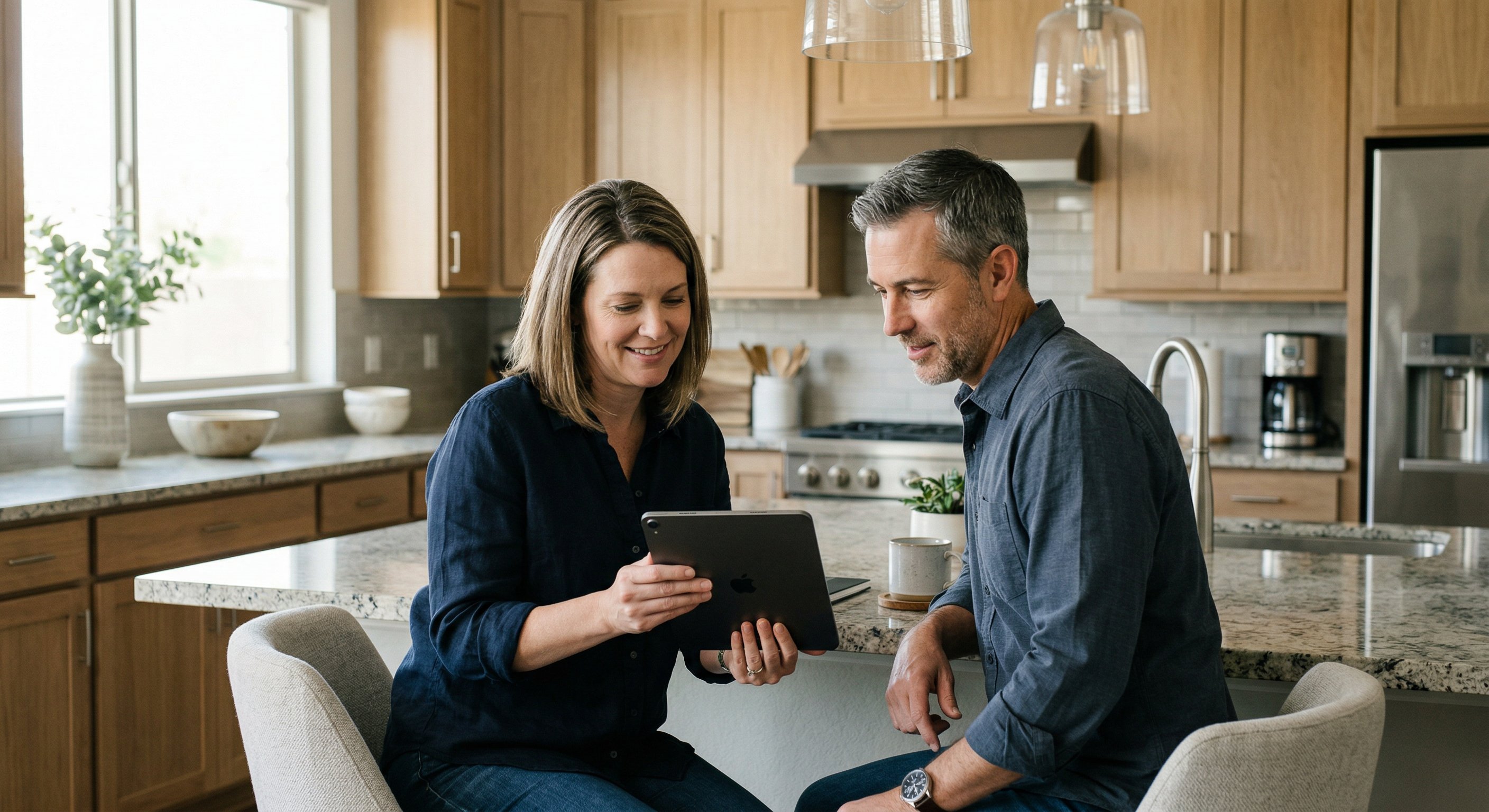 A Chandler Arizona homeowner couple reviewing AC replacement quotes on a tablet in their modern kitchen, natural light through windows, relaxed and informed expressions, real skin texture