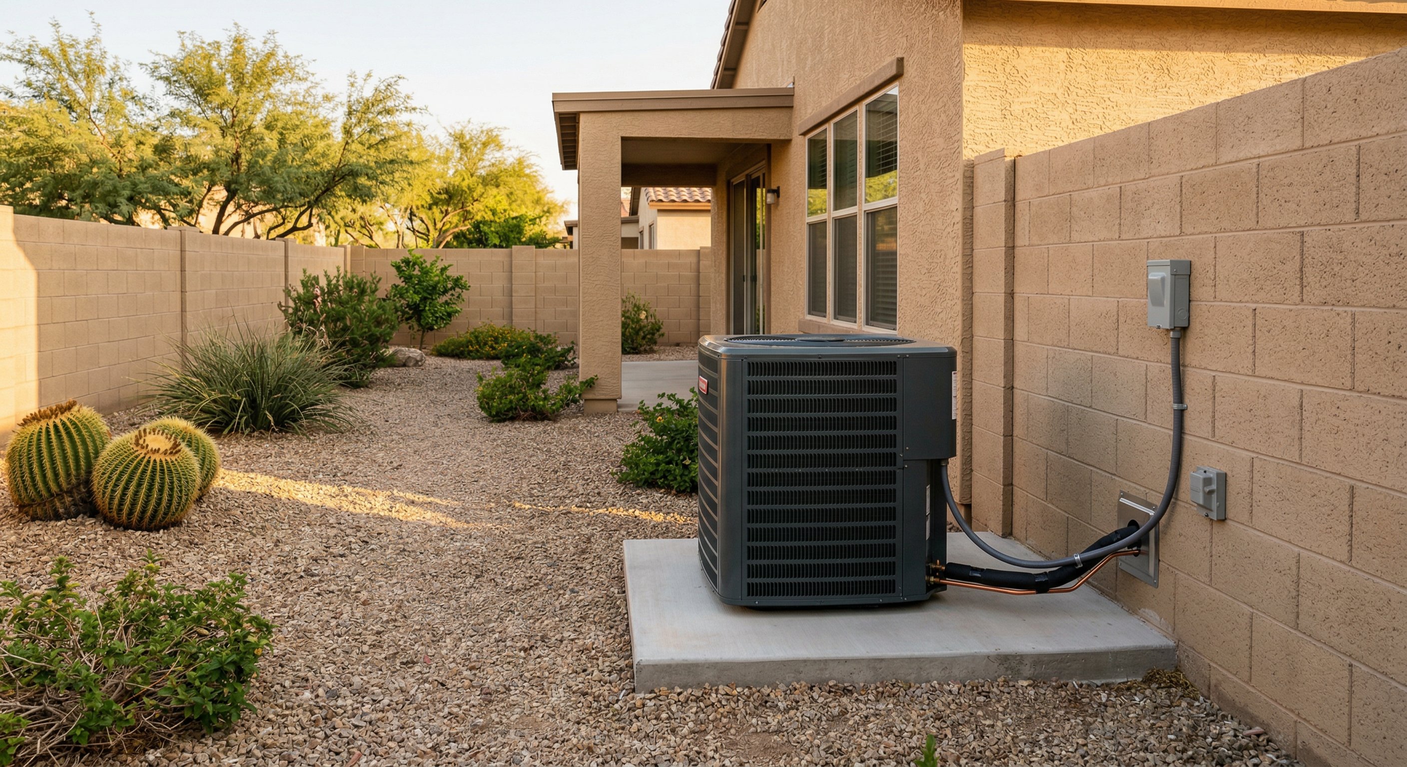 New Carrier or Lennox AC condenser unit freshly installed on concrete pad beside desert landscaped backyard in Chandler AZ, late afternoon Arizona light, clean professional installation