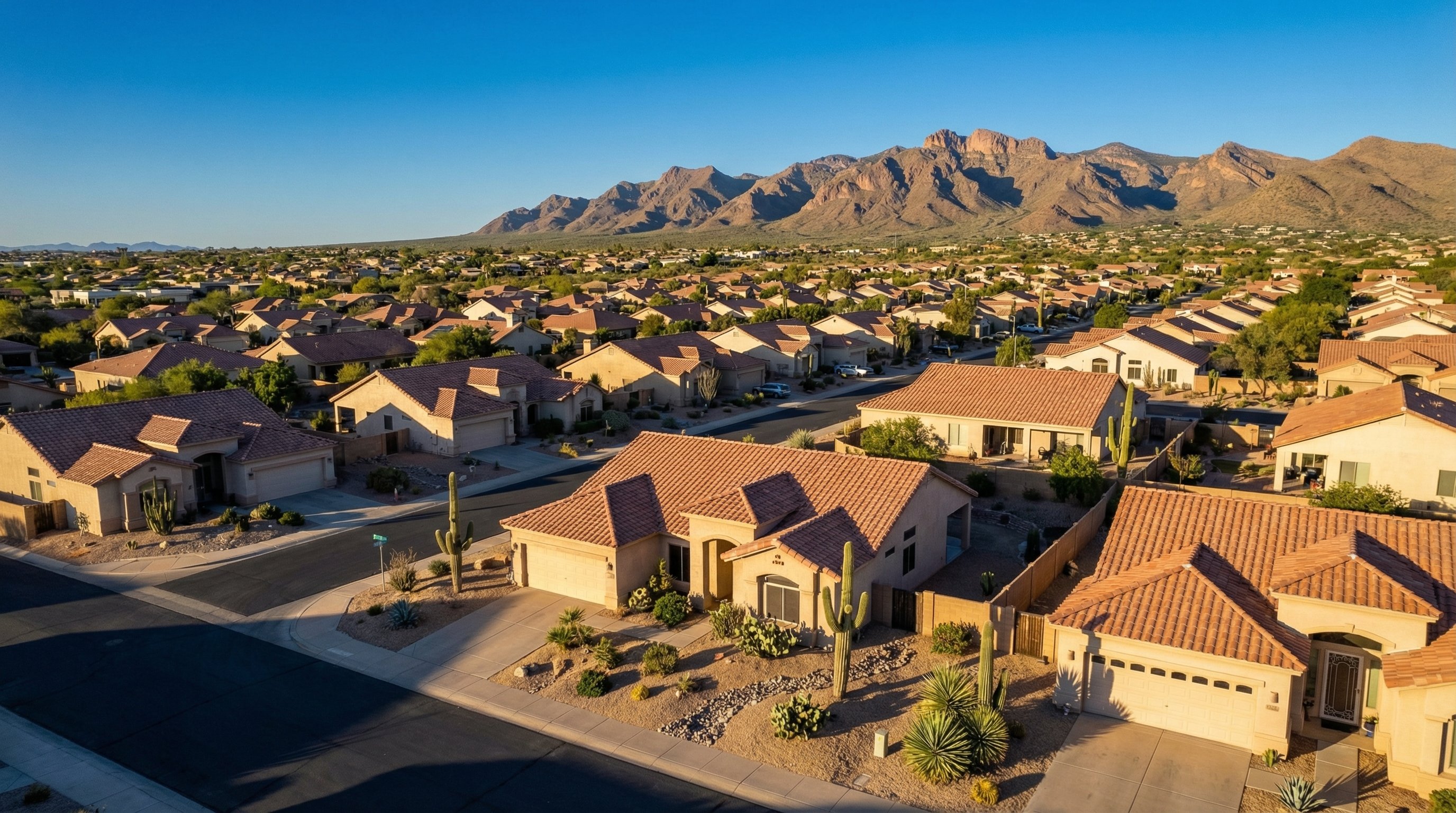 Aerial view of Fountain Hills, Arizona neighborhood with stucco homes and tile roofs surrounded by McDowell Mountains desert landscape, clear blue sky, golden afternoon light