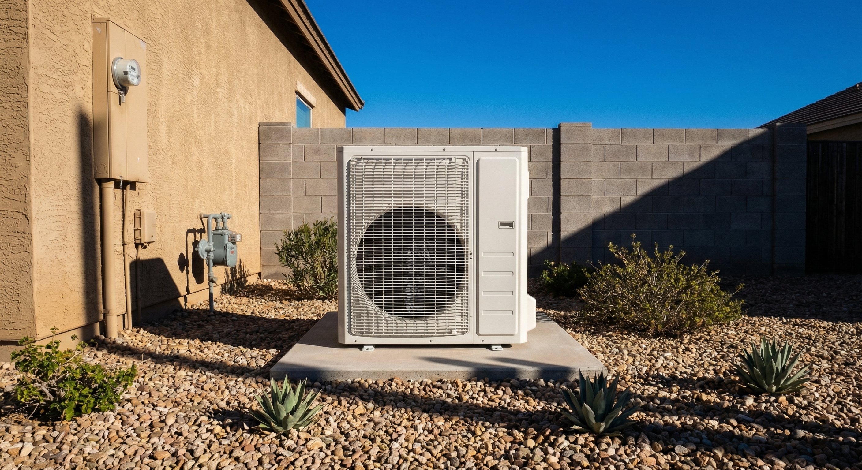 New AC condenser unit installed on concrete pad at the side of a tan stucco home with desert landscaping including river rock and agave plants, clear Arizona blue sky, medium wide shot, natural daylight
