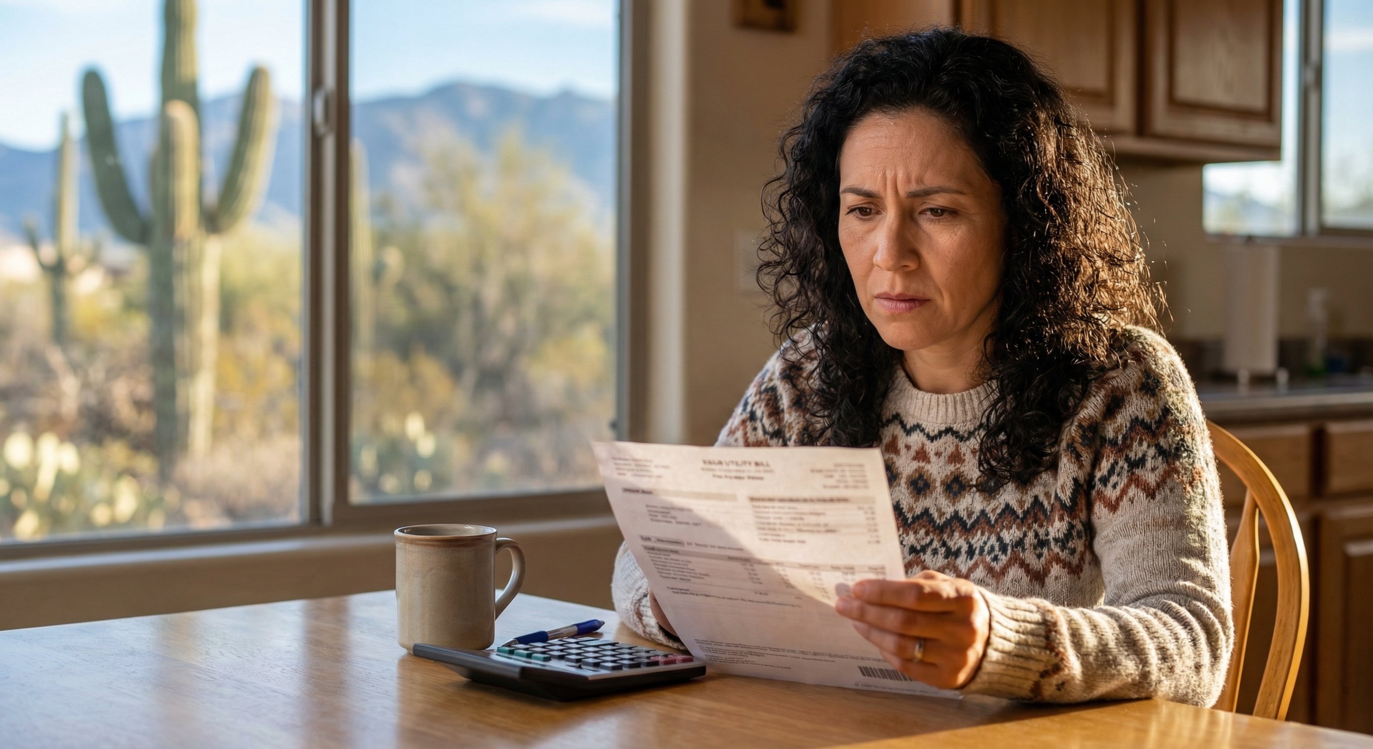 Arizona homeowner in her 40s reviewing energy bill at kitchen table with worried expression, bright modern kitchen interior, late morning natural light from window, medium shot, editorial lifestyle photography, natural skin texture