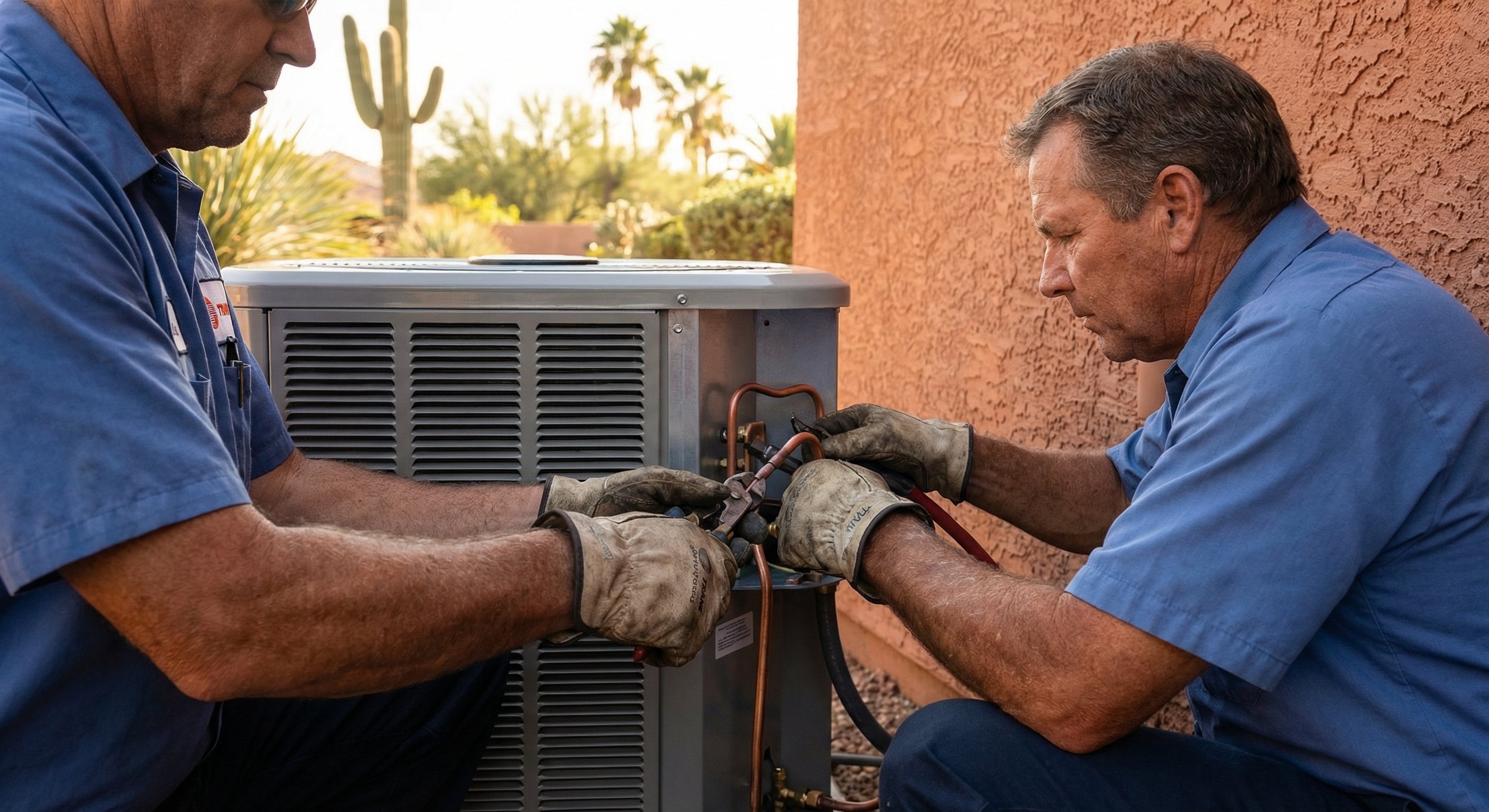 Licensed HVAC technician installing a new Trane AC condenser unit next to stucco exterior wall of a Fountain Hills Arizona home, desert landscaping in foreground, palm trees in background, afternoon light, medium close-up shot, editorial documentary style