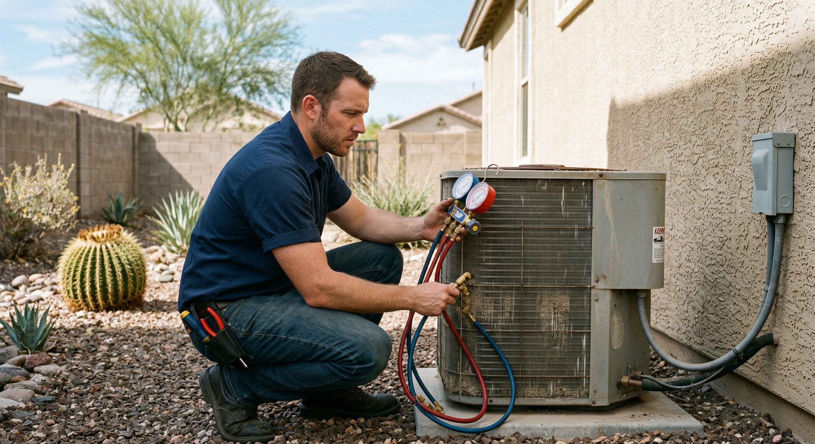 HVAC technician inspecting an older AC unit beside a stucco home in Gilbert with desert landscaping and blue sky
