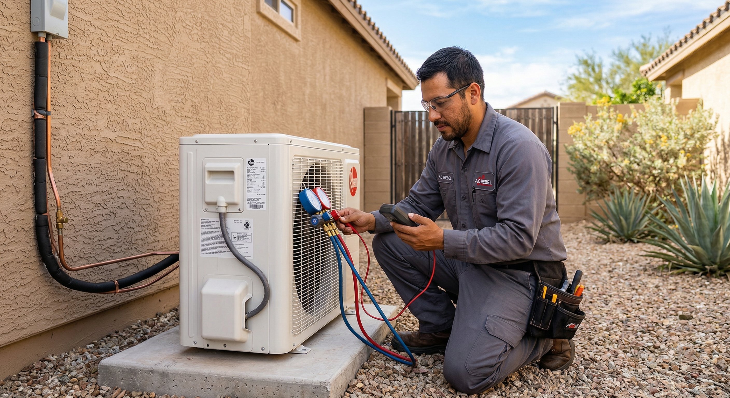 A licensed HVAC technician inspecting a condenser unit on the side of a Glendale stucco home, crouching next to the unit with a multimeter on a bright afternoon