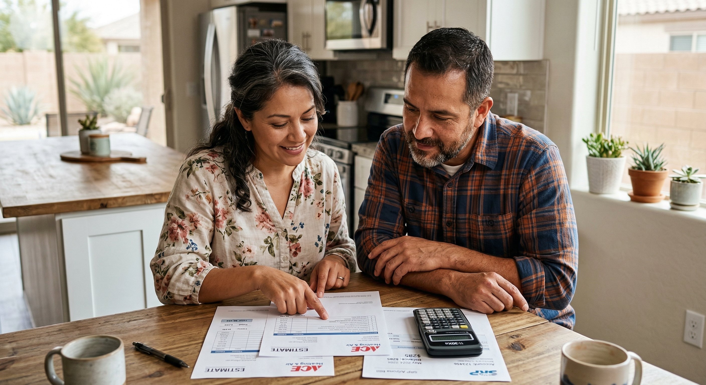 A Glendale, AZ homeowner couple reviewing paperwork at a kitchen table with a utility bill and calculator visible, looking relieved