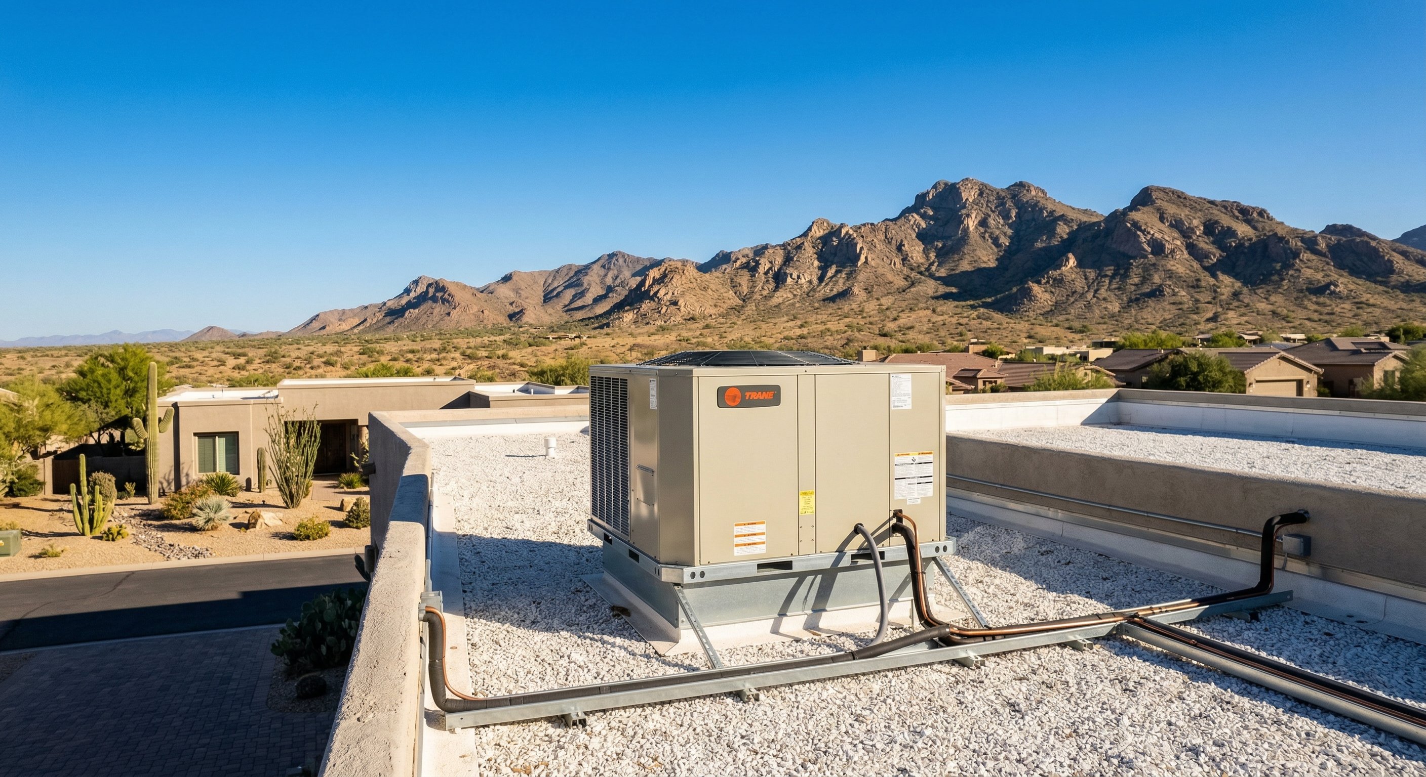 A rooftop package unit on a flat-roofed Arizona home with a clear blue Glendale sky and desert mountains visible in the background
