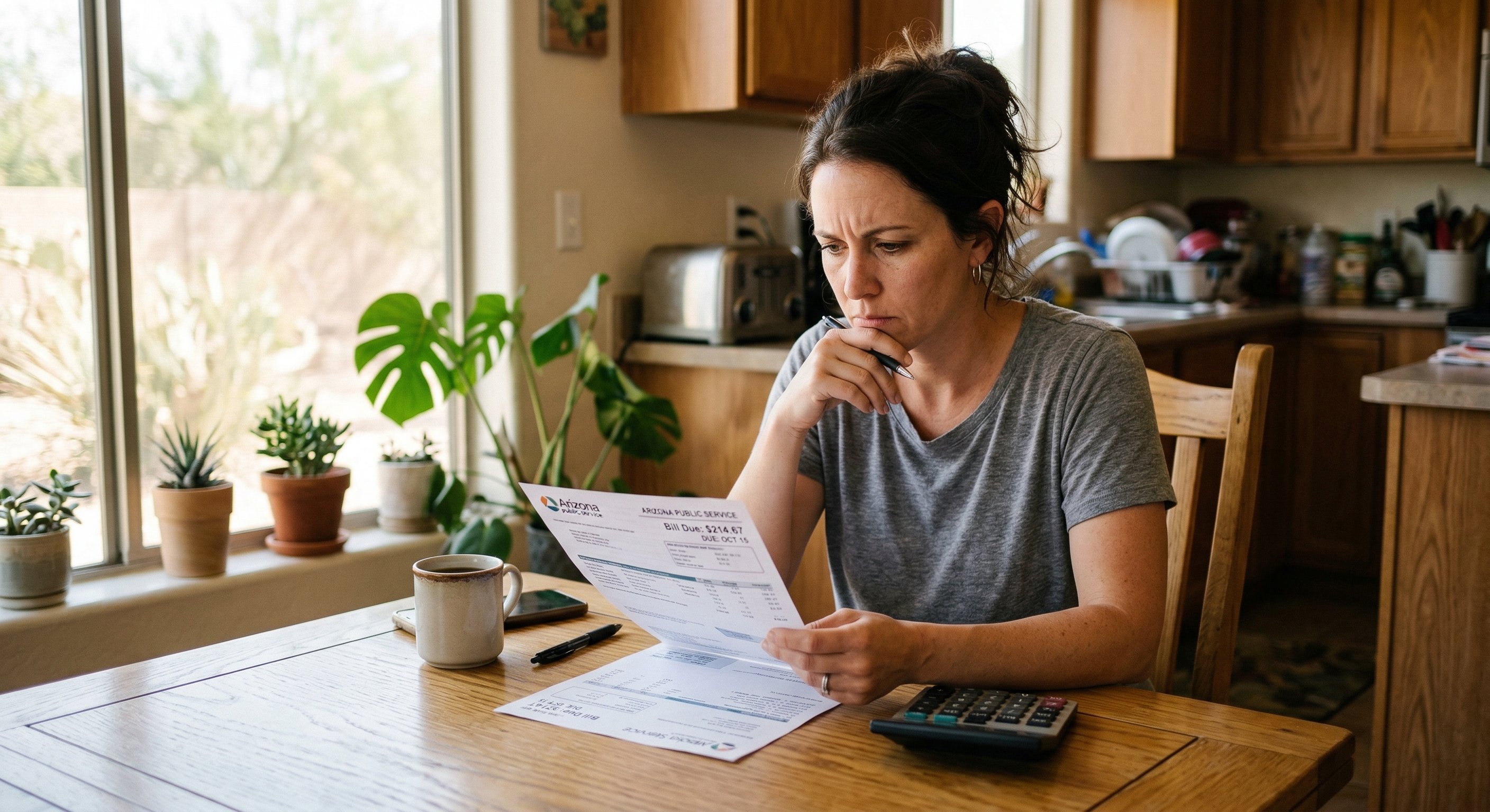 Homeowner in Goodyear AZ kitchen reviewing energy bill with calculator, concerned expression, warm lighting