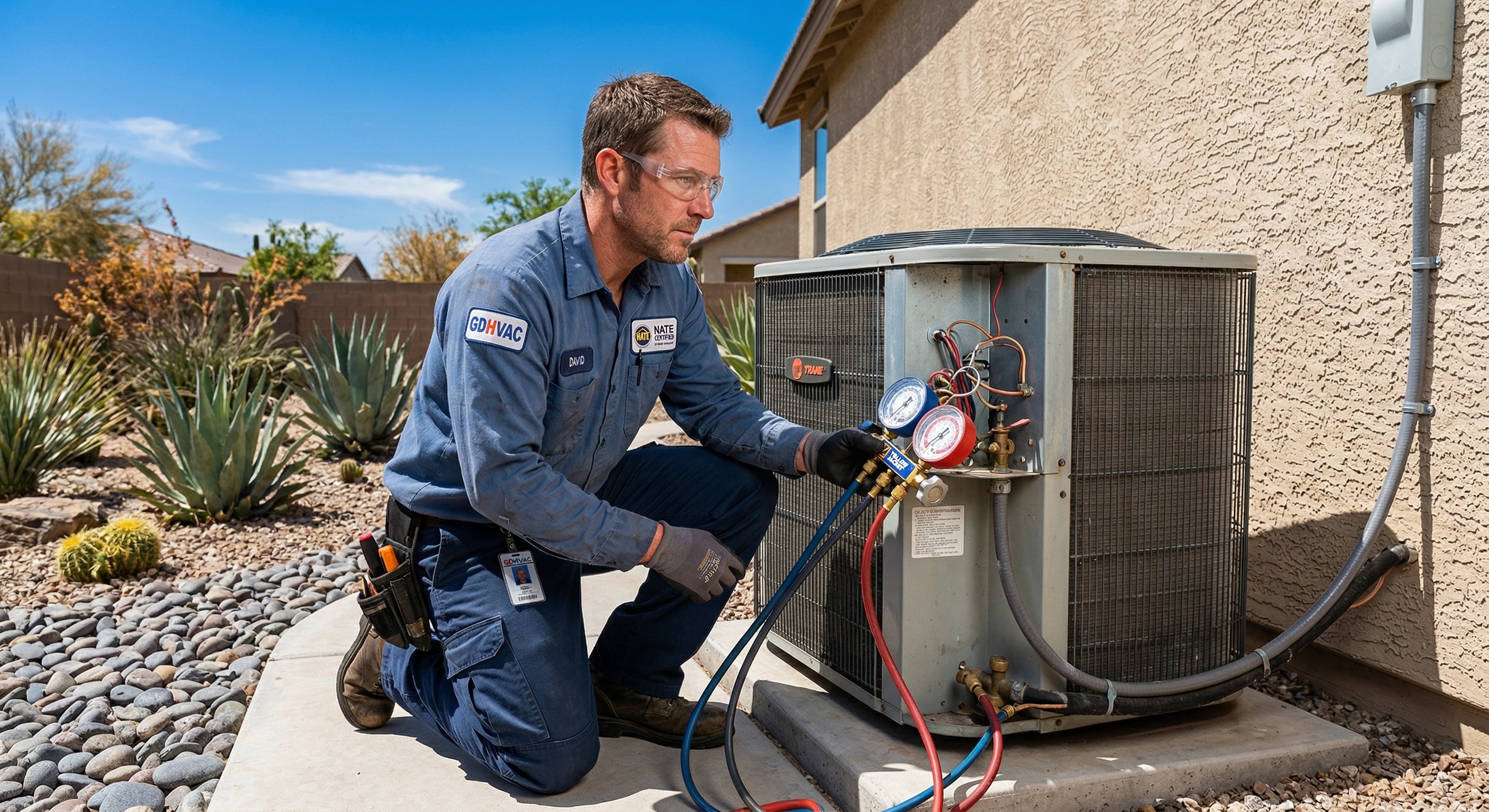 HVAC technician working on outdoor condenser unit next to stucco home in Goodyear AZ, desert landscaping with river rock and agave, clear blue Arizona sky