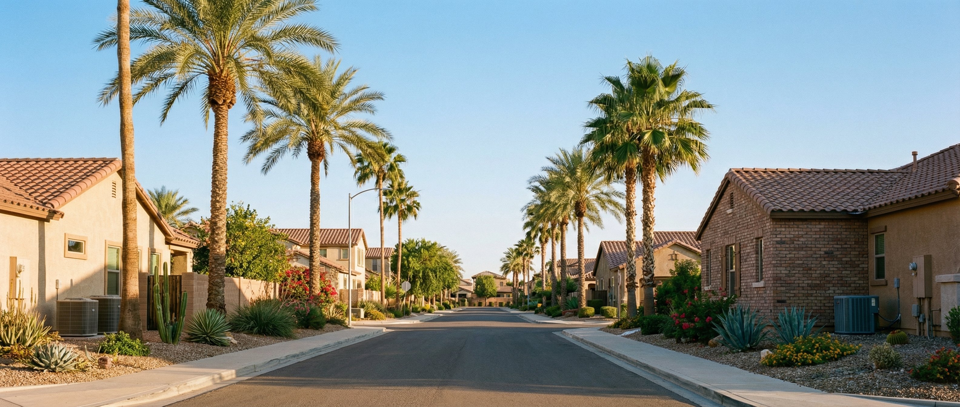 Tree-lined street in Litchfield Park Arizona with stucco homes and desert landscaping