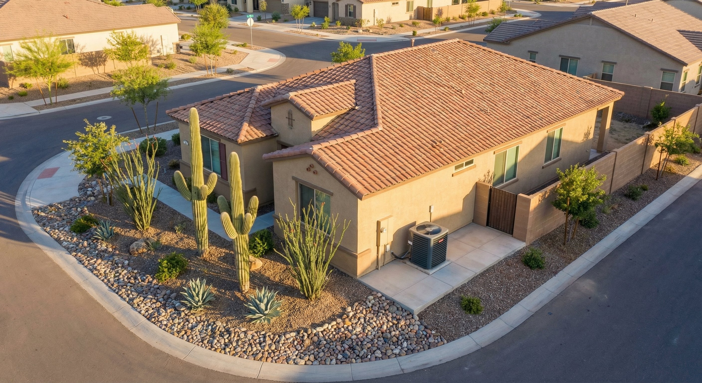 Aerial view of a Maricopa Arizona suburban home with AC condenser visible on side yard