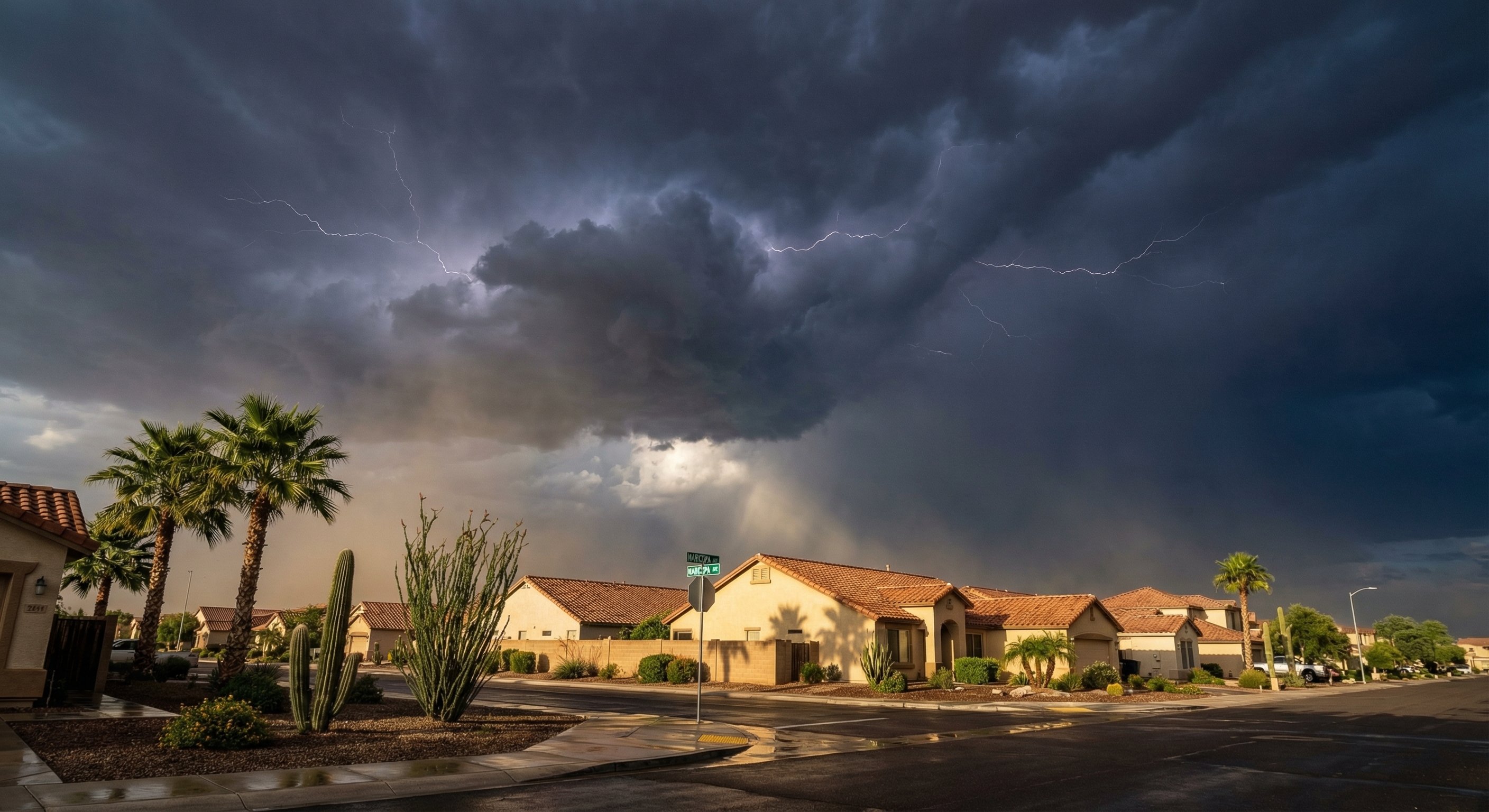 Monsoon storm building over a Maricopa Arizona neighborhood