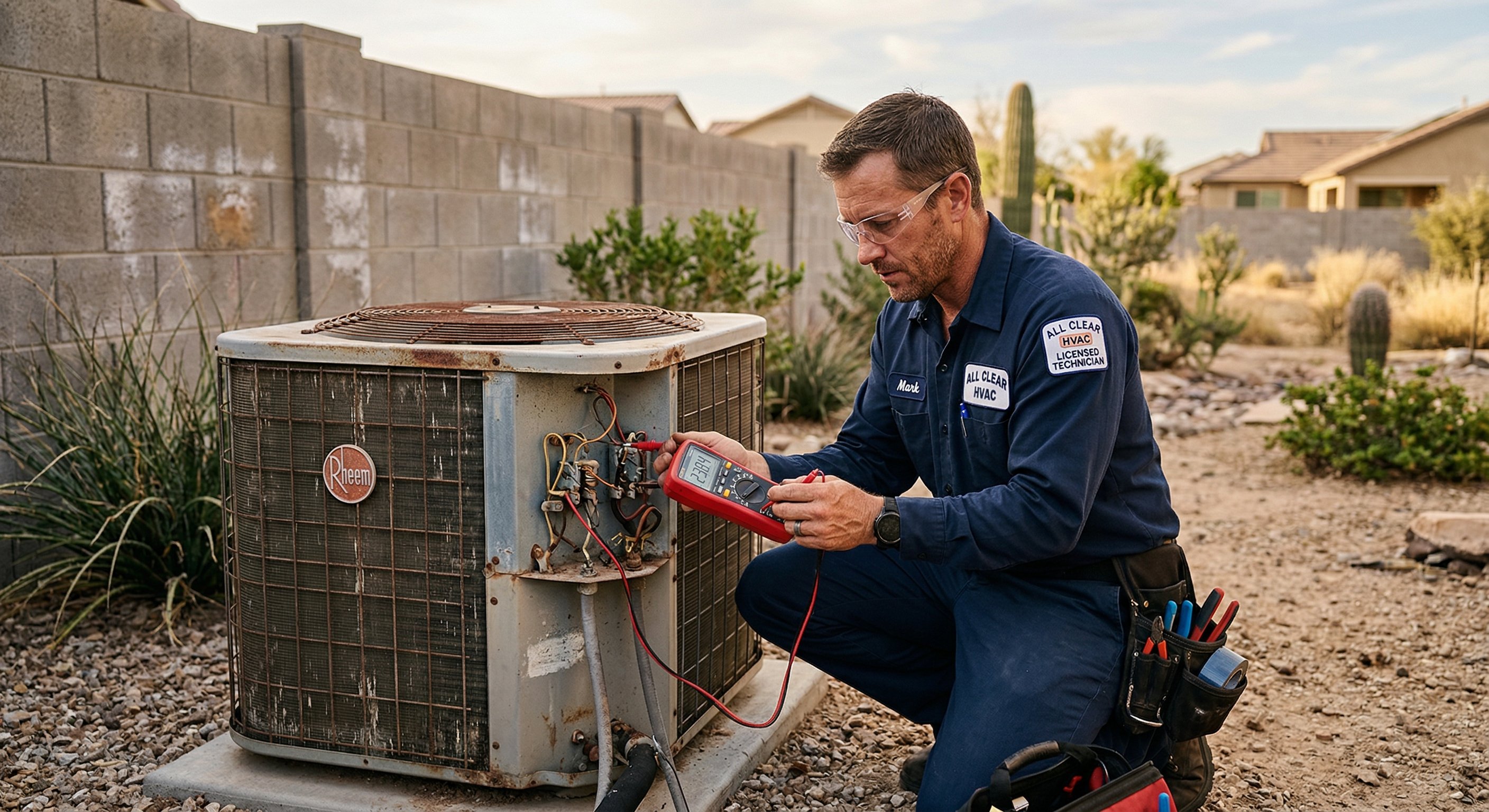 HVAC technician inspecting an aging outdoor condenser unit in a Peoria Arizona backyard with block wall fence and desert landscaping
