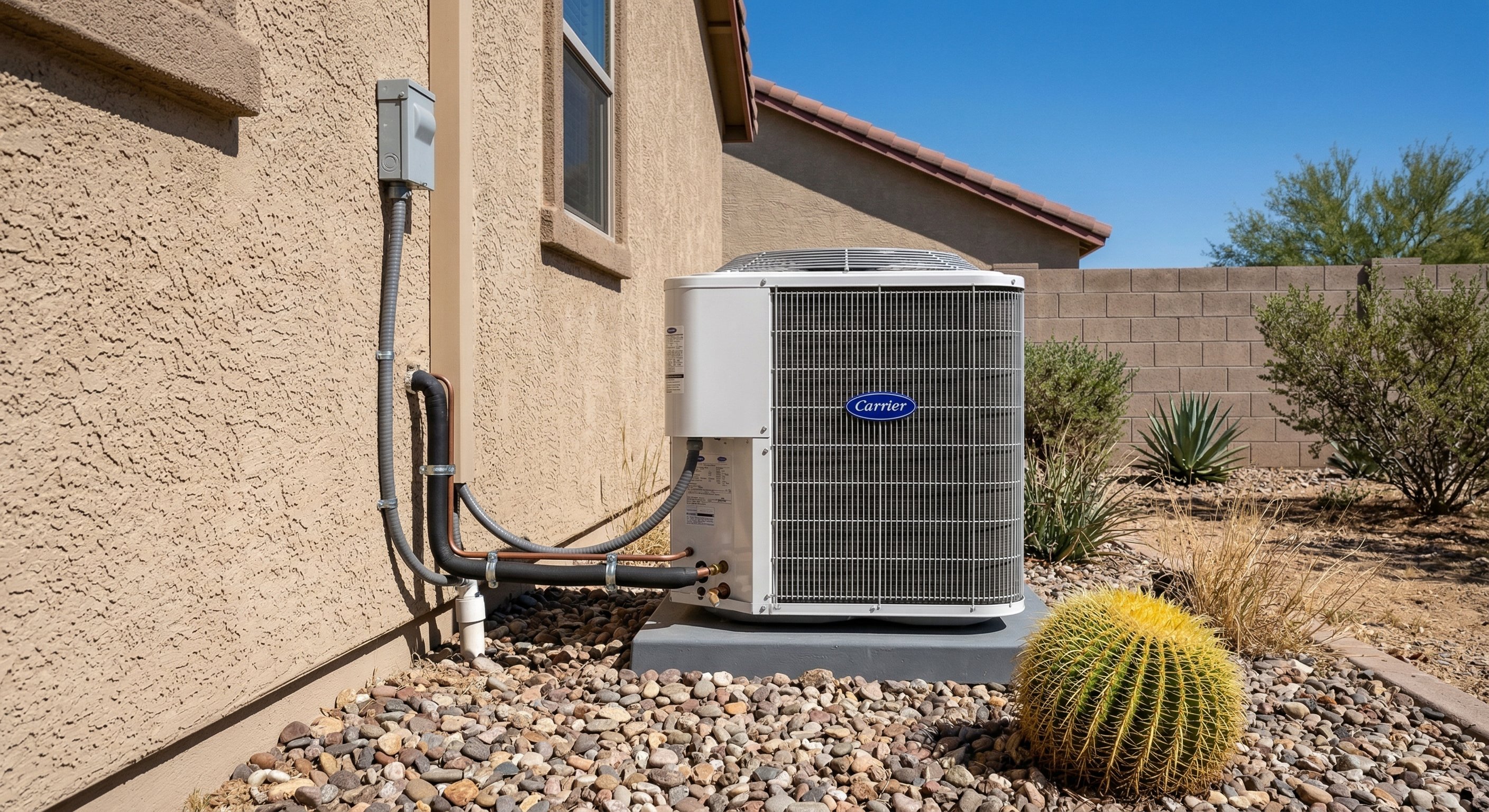 Outdoor AC condenser unit on concrete pad beside Arizona stucco home with desert landscaping and agave plants, Queen Creek neighborhood