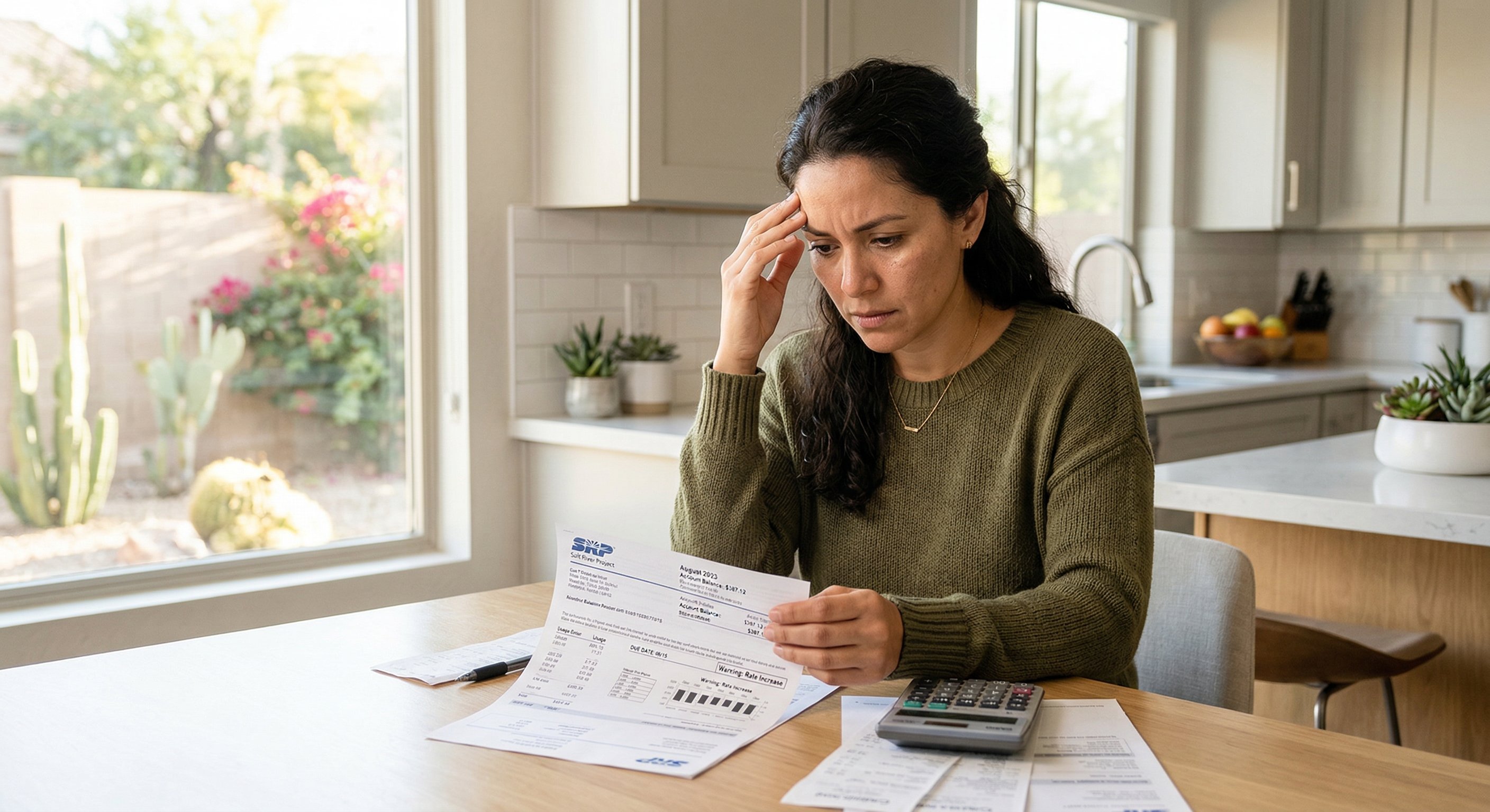 Arizona homeowner reviewing energy bills at kitchen counter in modern home, comparing old utility costs to projected savings from new AC system