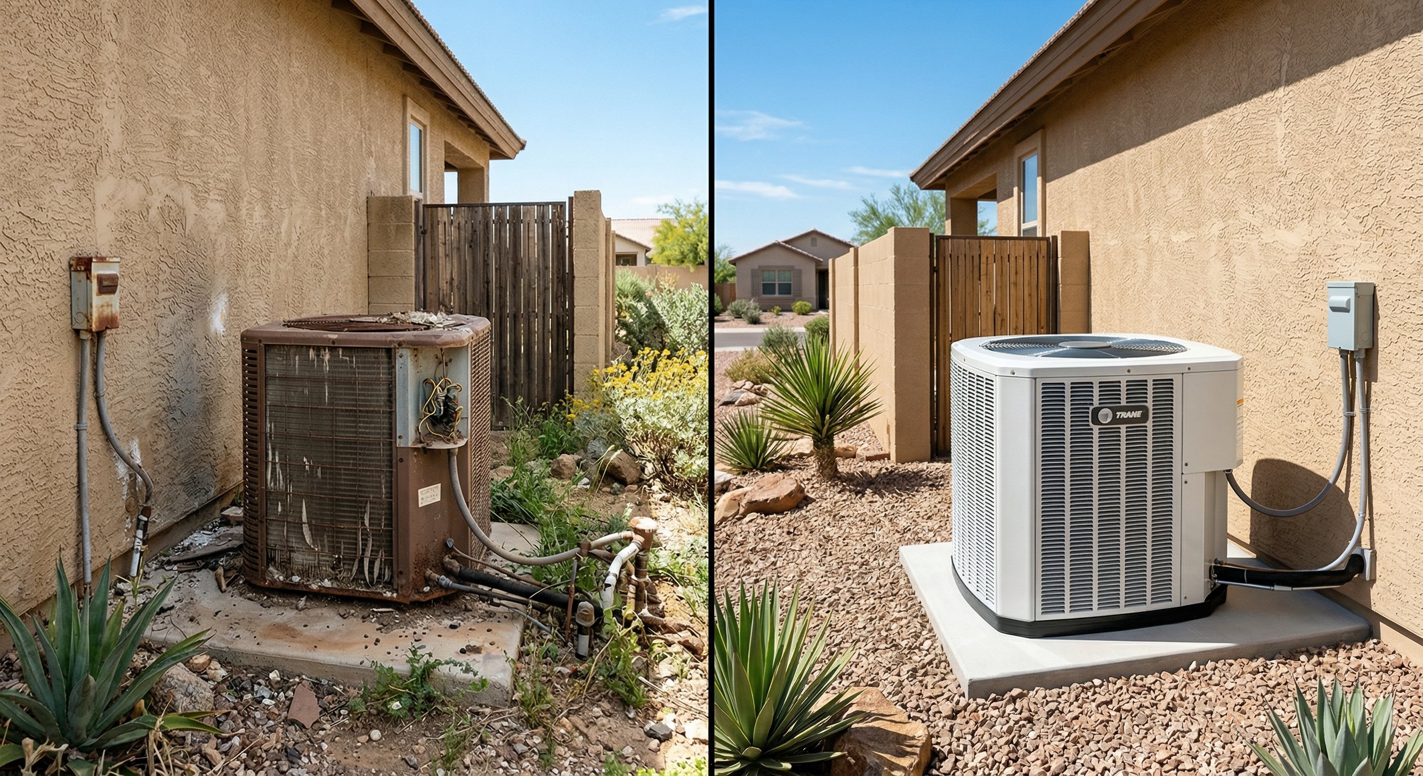 New high-efficiency AC unit just installed on concrete pad beside Queen Creek home with fresh desert landscaping, clean installation, clear blue Arizona sky