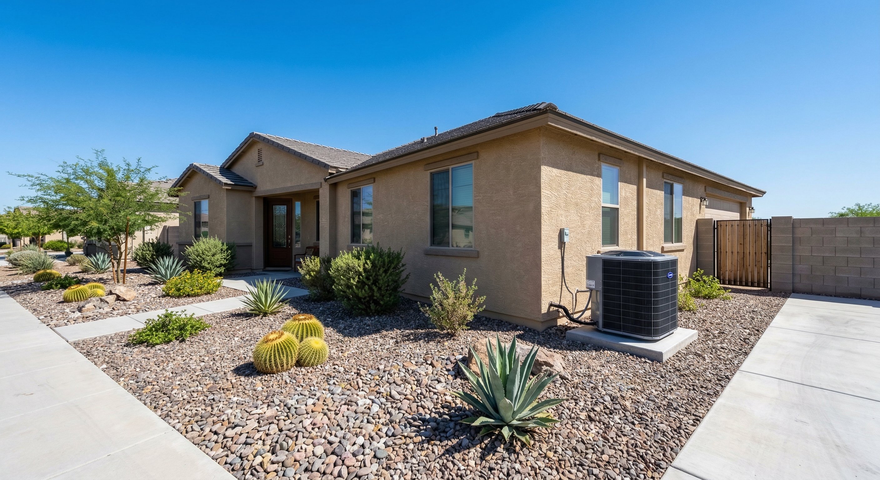 Tan stucco single-story home in Surprise AZ with desert landscaping, river rock yard, and a new Carrier AC condenser unit installed on a concrete pad at the side of the house, blue Arizona sky overhead