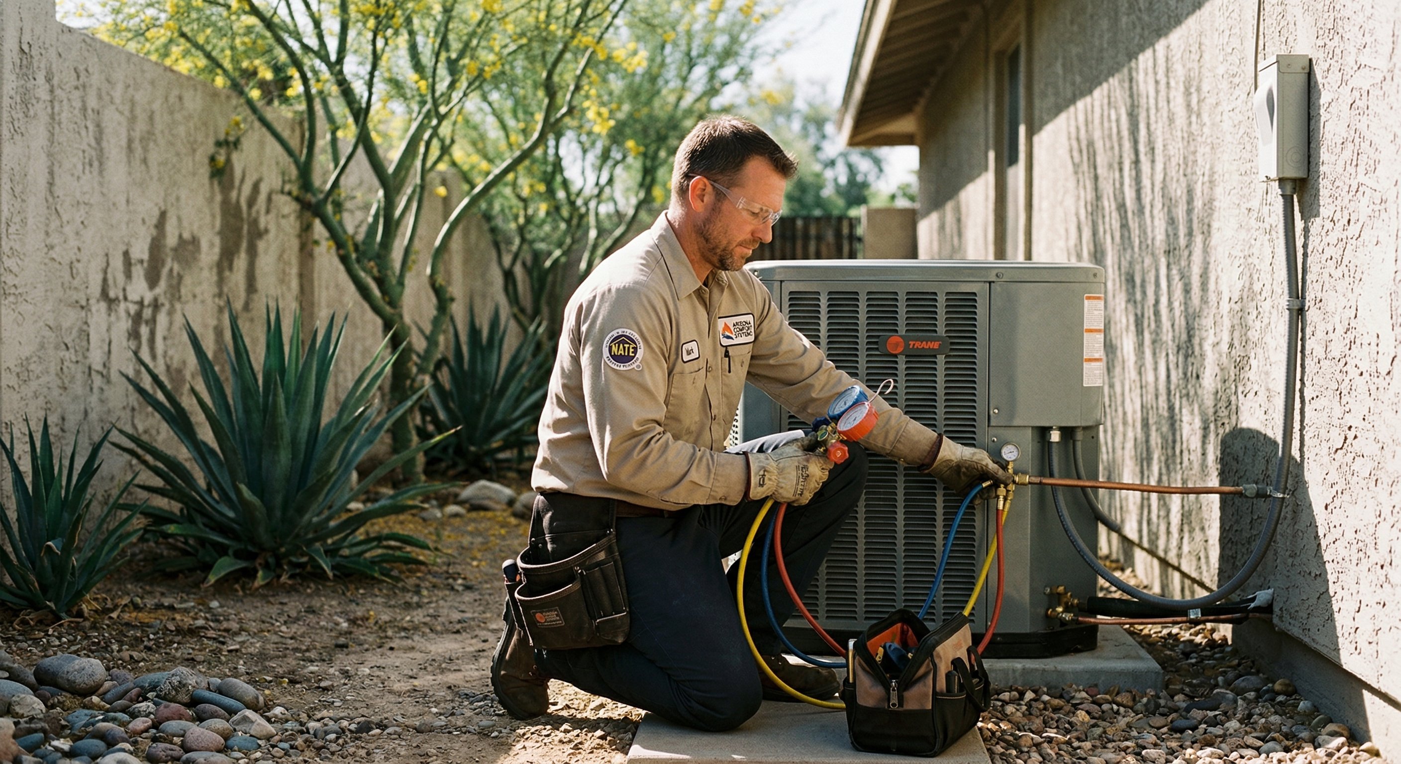 Licensed HVAC technician in tan work shirt installing a new AC condenser unit in the side yard of an Arizona stucco home, afternoon sun, desert landscaping with agave plants, professional equipment on ground