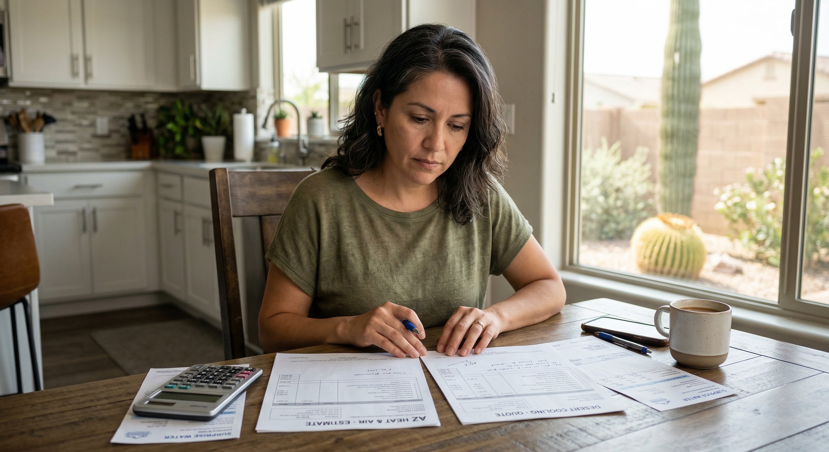 Phoenix-area homeowner in her 40s, dark hair, reviewing multiple AC quotes at a kitchen table in a modern Surprise AZ home, calculator and utility bill visible, natural morning light, Saguaro cactus outside the window