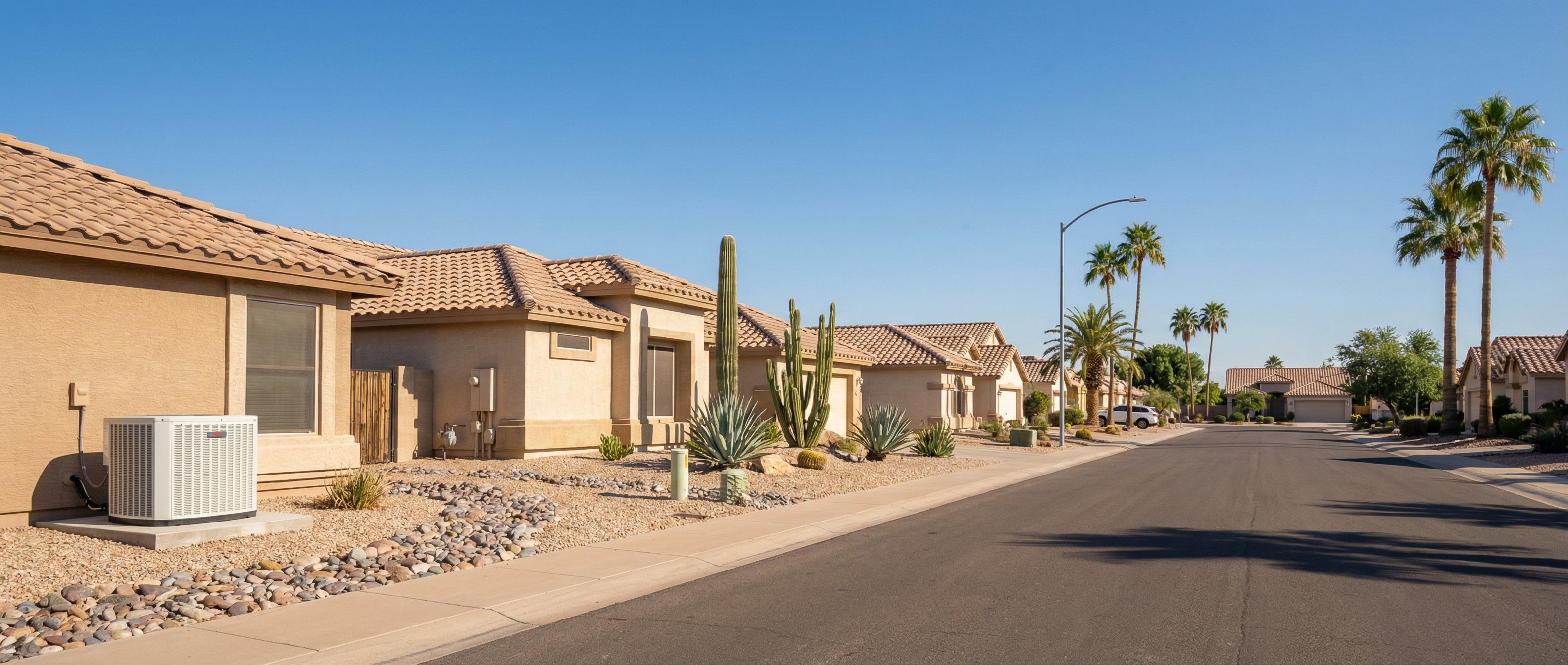 Tempe AZ neighborhood with stucco homes and tile roofs on a sunny day, with a new AC condenser unit visible on the side of the home