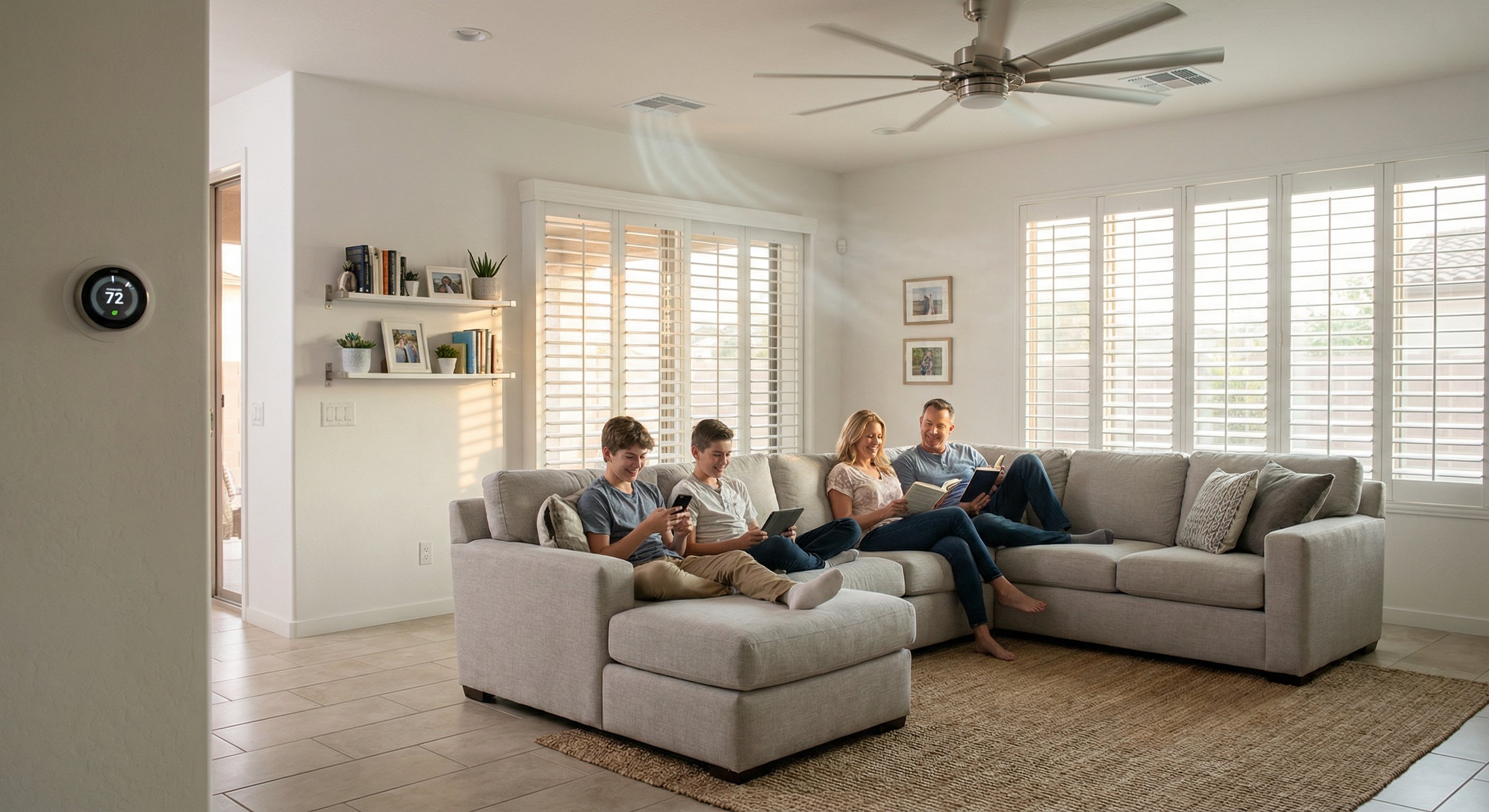 Family in a cool modern living room interior in a Tempe Arizona home, smart thermostat visible on wall showing 72 degrees
